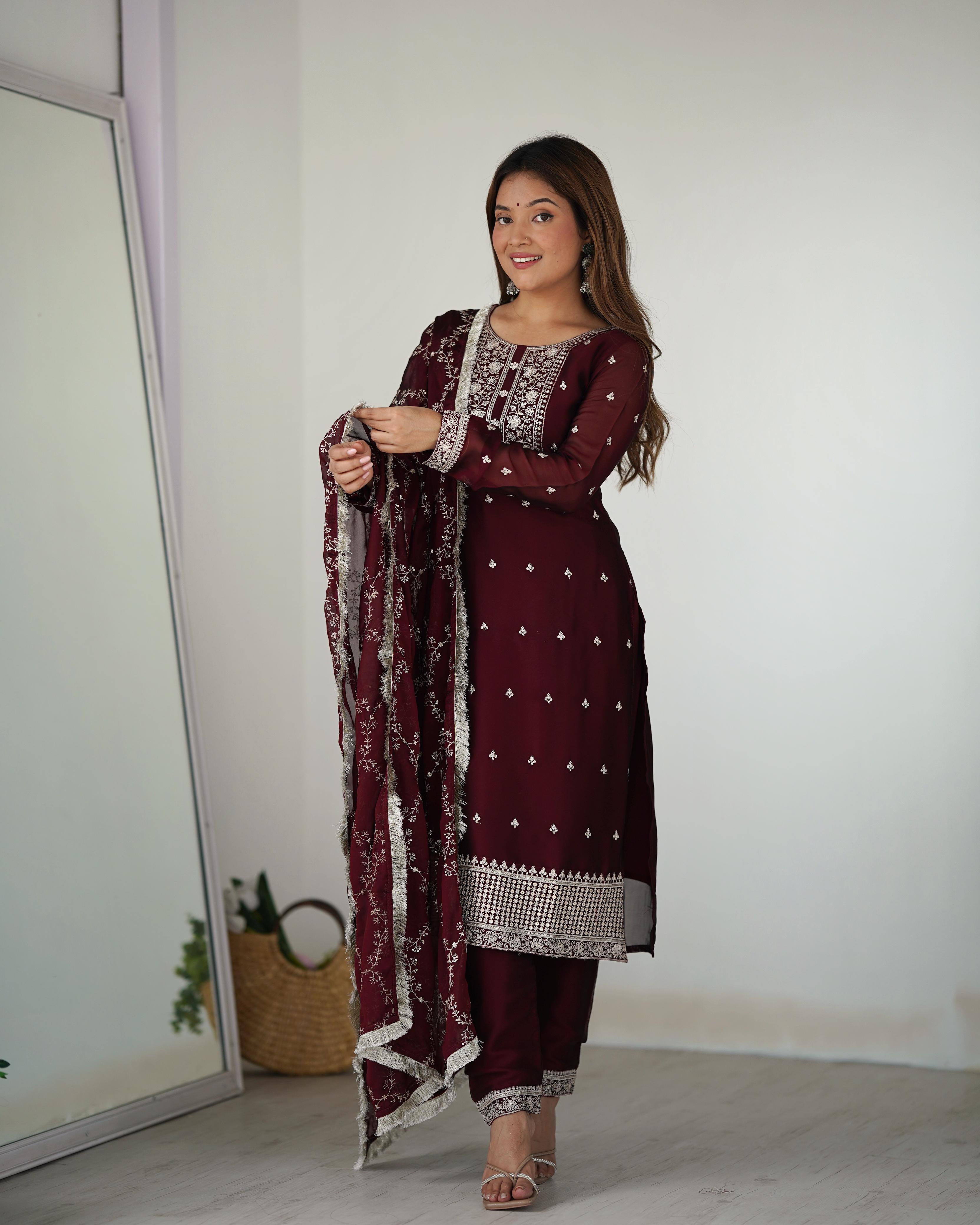 Maroon Pure Rangoli Silk Kurta Suit Set with Dupatta and Pant for Festive Occasions