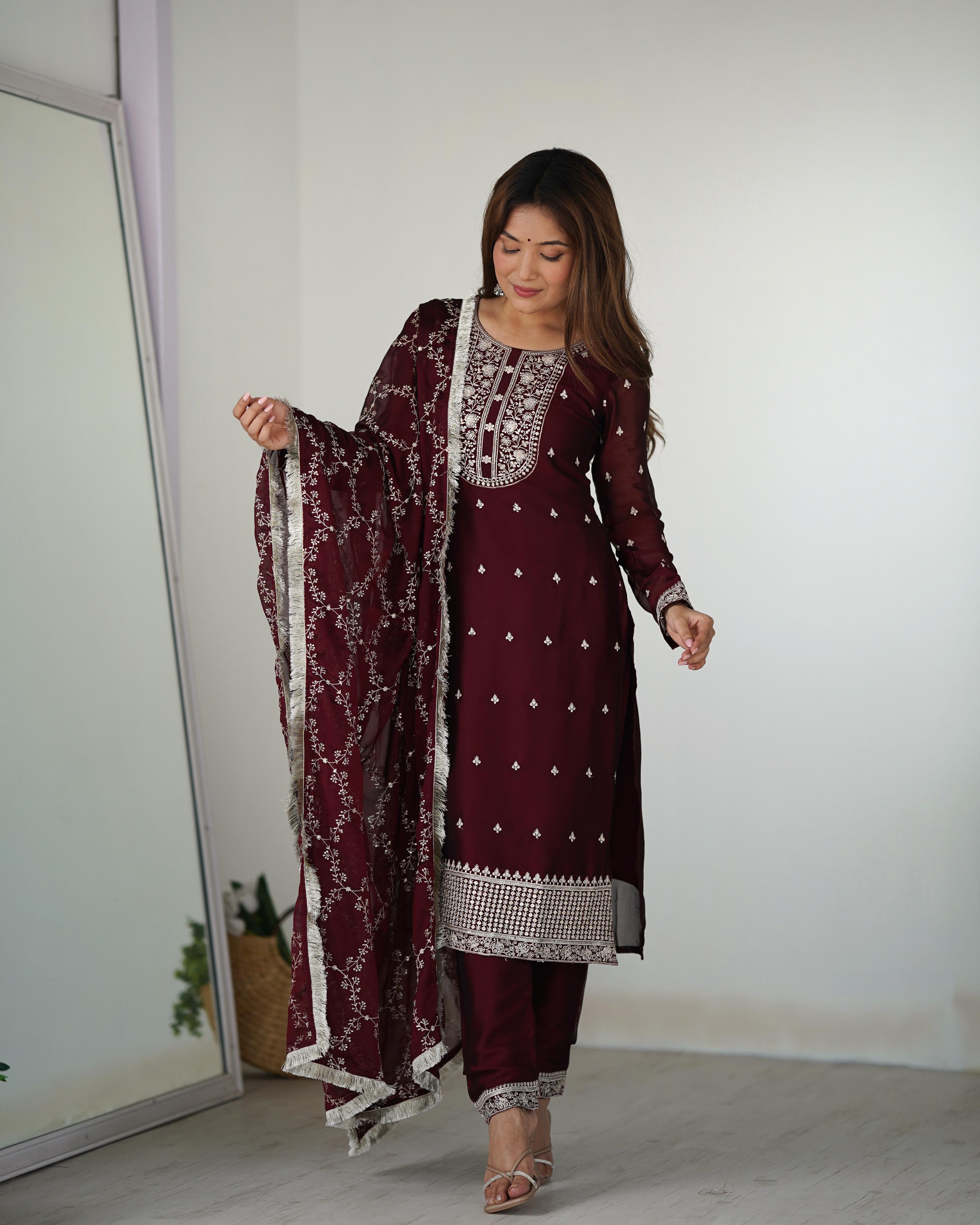 Maroon Pure Rangoli Silk Kurta Suit Set with Dupatta and Pant for Festive Occasions