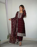 Maroon Pure Rangoli Silk Kurta Suit Set with Dupatta and Pant for Festive Occasions