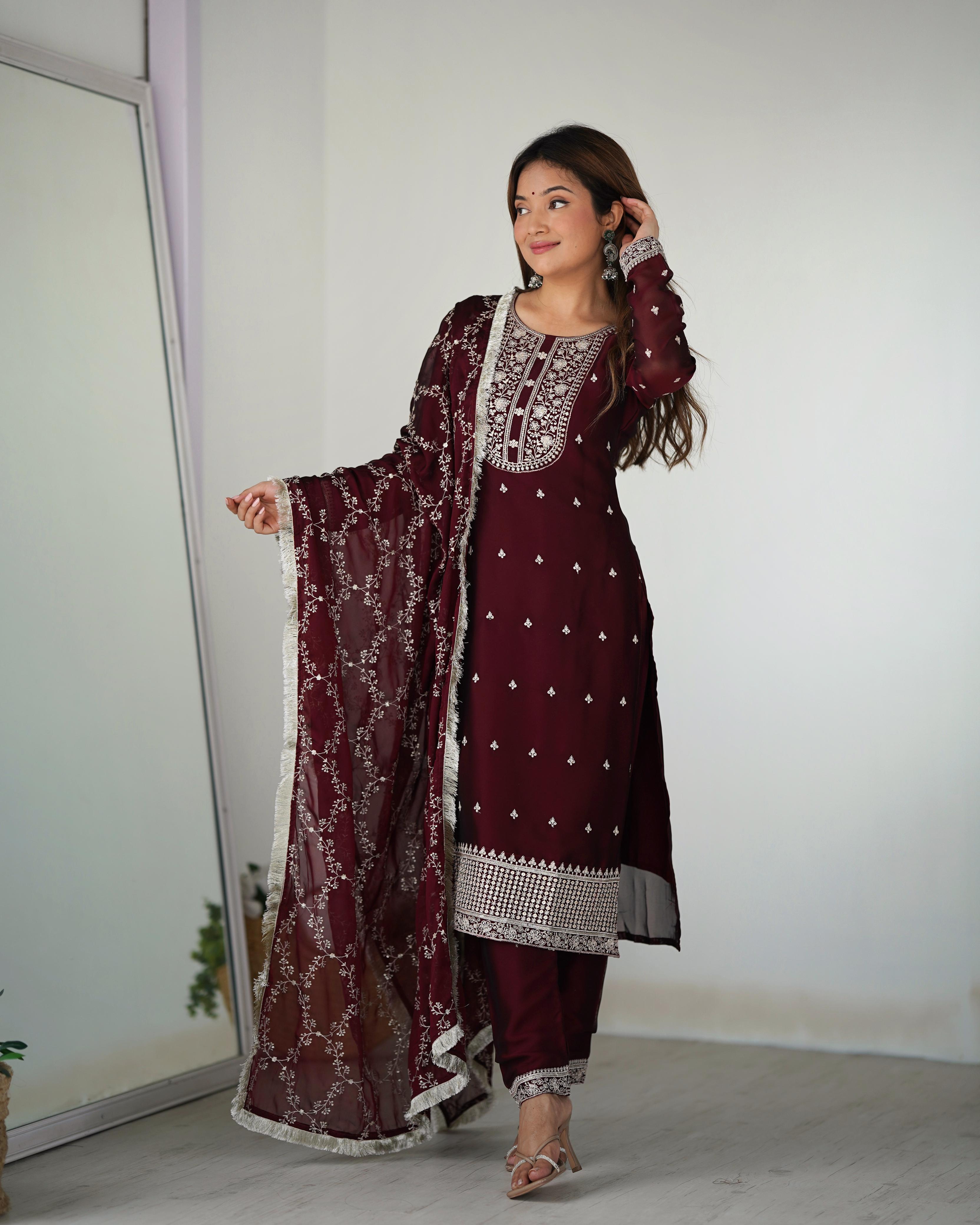 Maroon Pure Rangoli Silk Kurta Suit Set with Dupatta and Pant for Festive Occasions