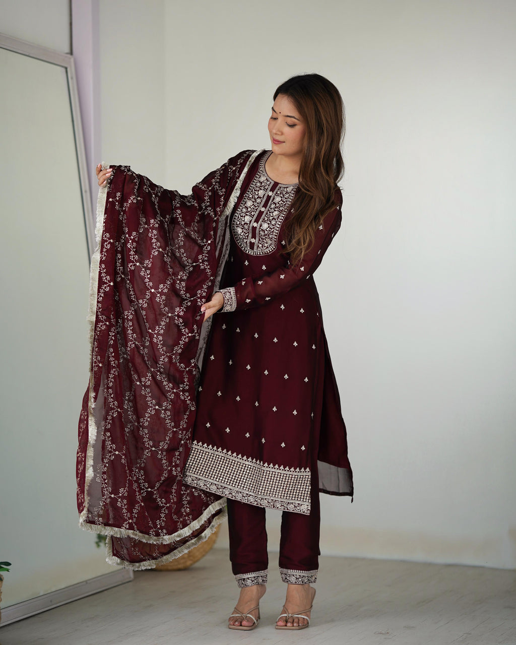 Maroon Pure Rangoli Silk Kurta Suit Set with Dupatta and Pant for Festive Occasions