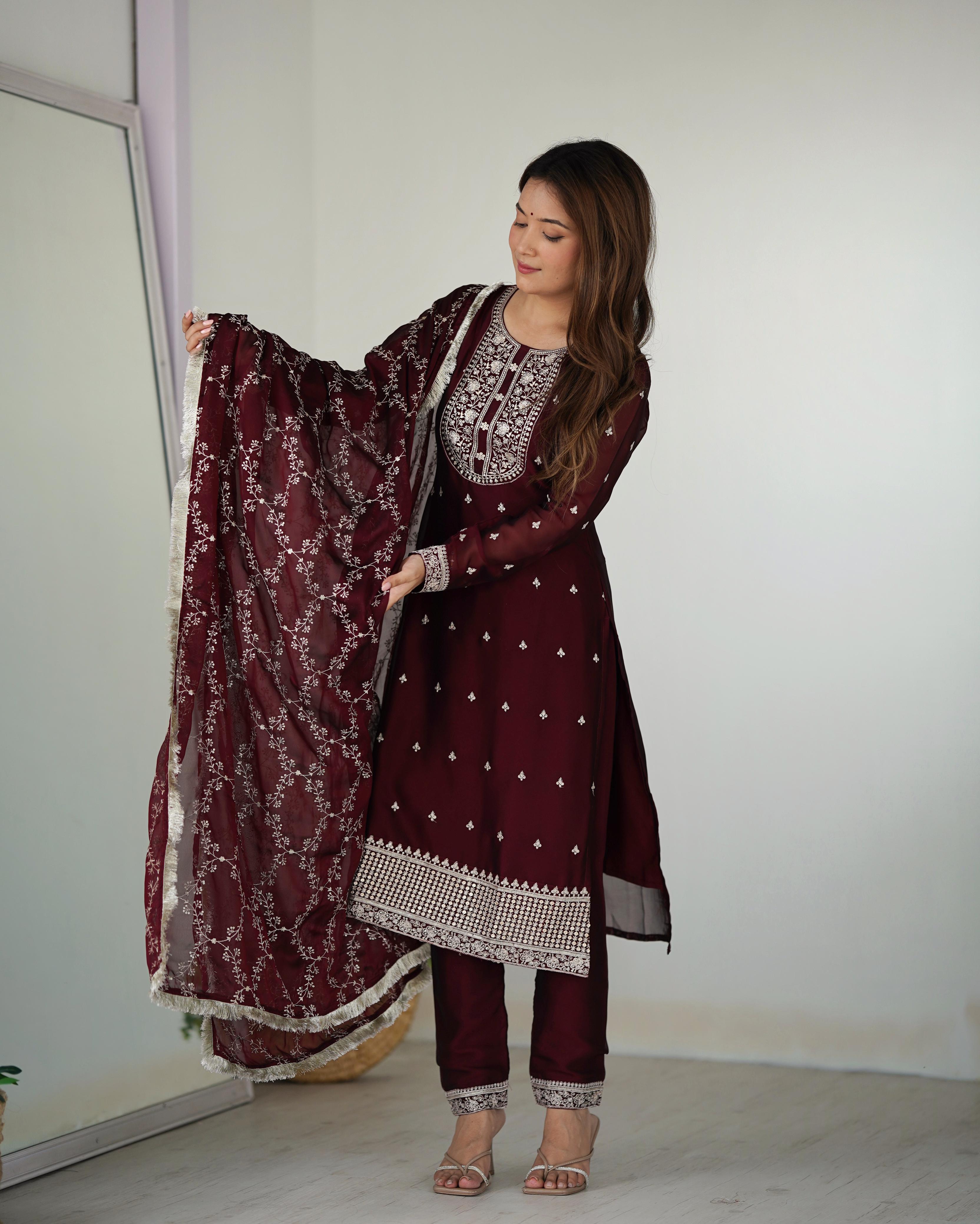 Maroon Pure Rangoli Silk Kurta Suit Set with Dupatta and Pant for Festive Occasions