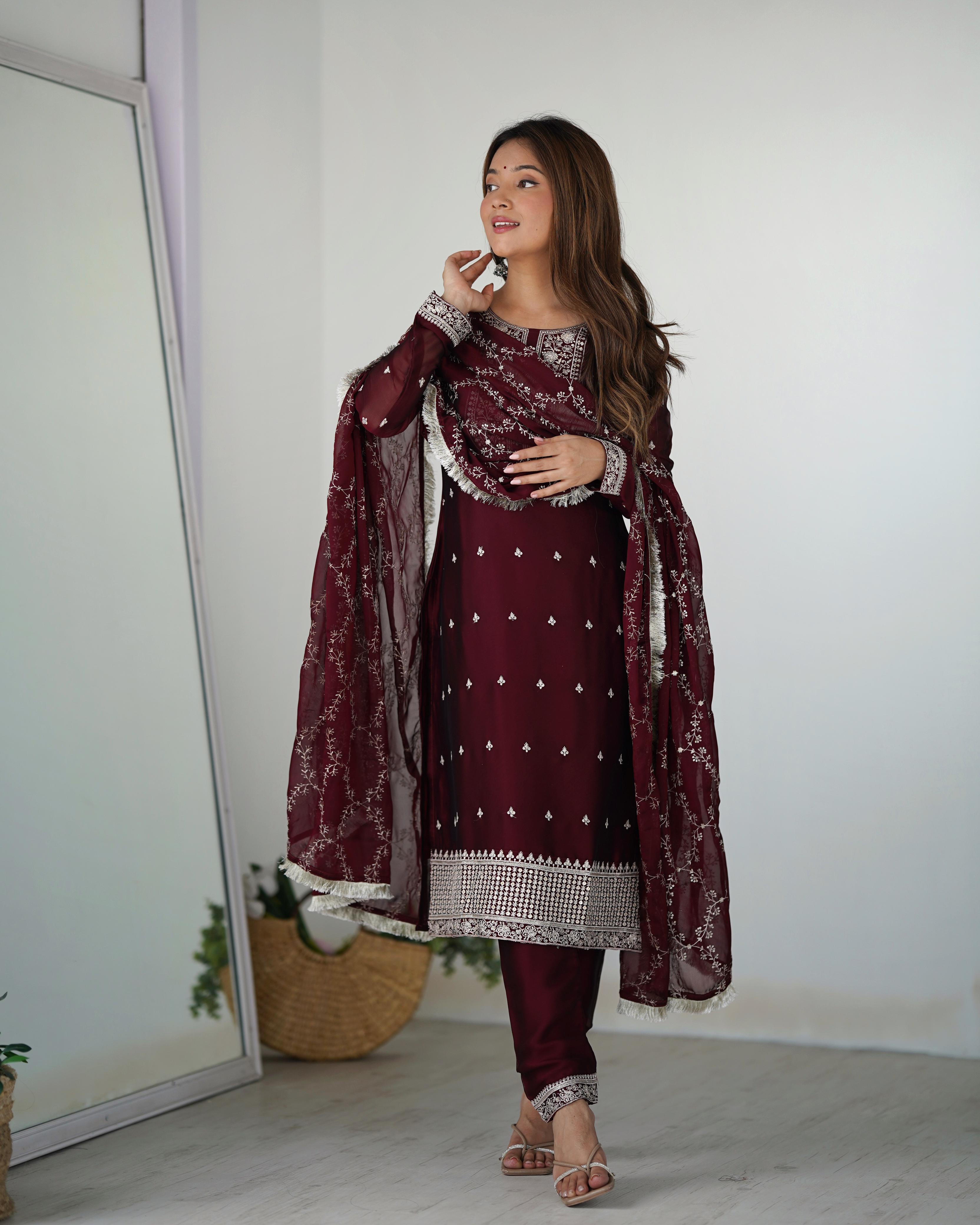 Maroon Pure Rangoli Silk Kurta Suit Set with Dupatta and Pant for Festive Occasions