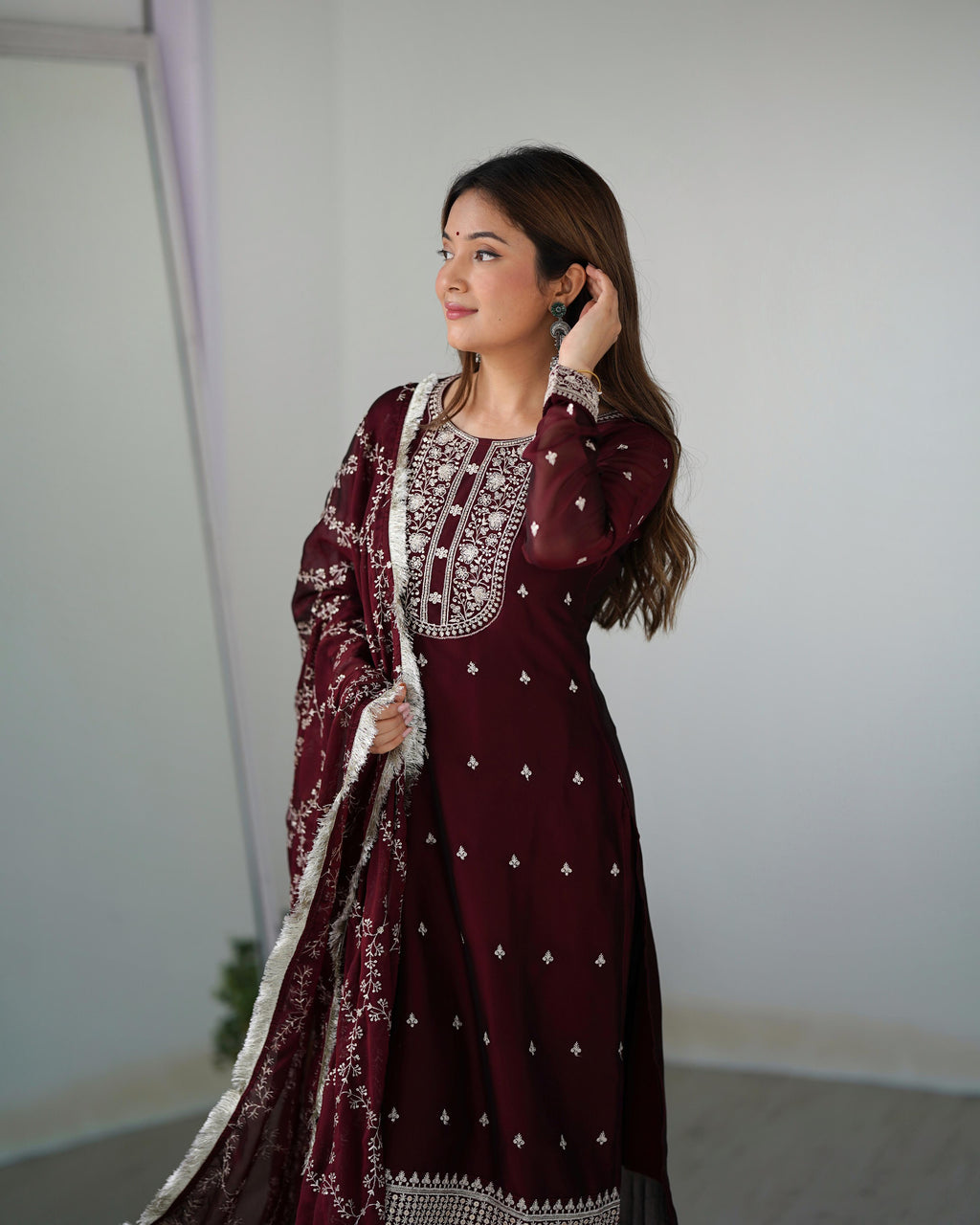 Maroon Pure Rangoli Silk Kurta Suit Set with Dupatta and Pant for Festive Occasions