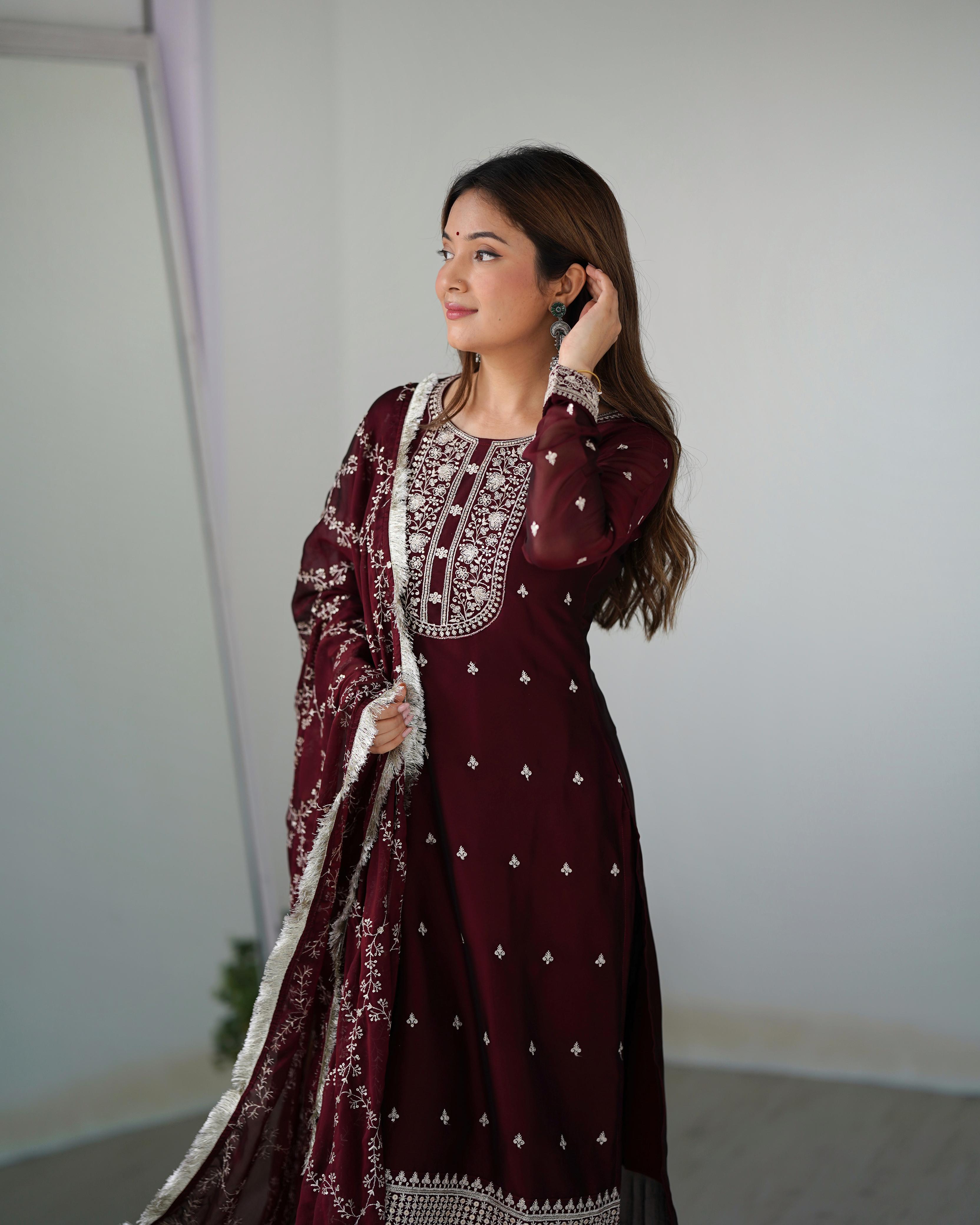 Maroon Pure Rangoli Silk Kurta Suit Set with Dupatta and Pant for Festive Occasions