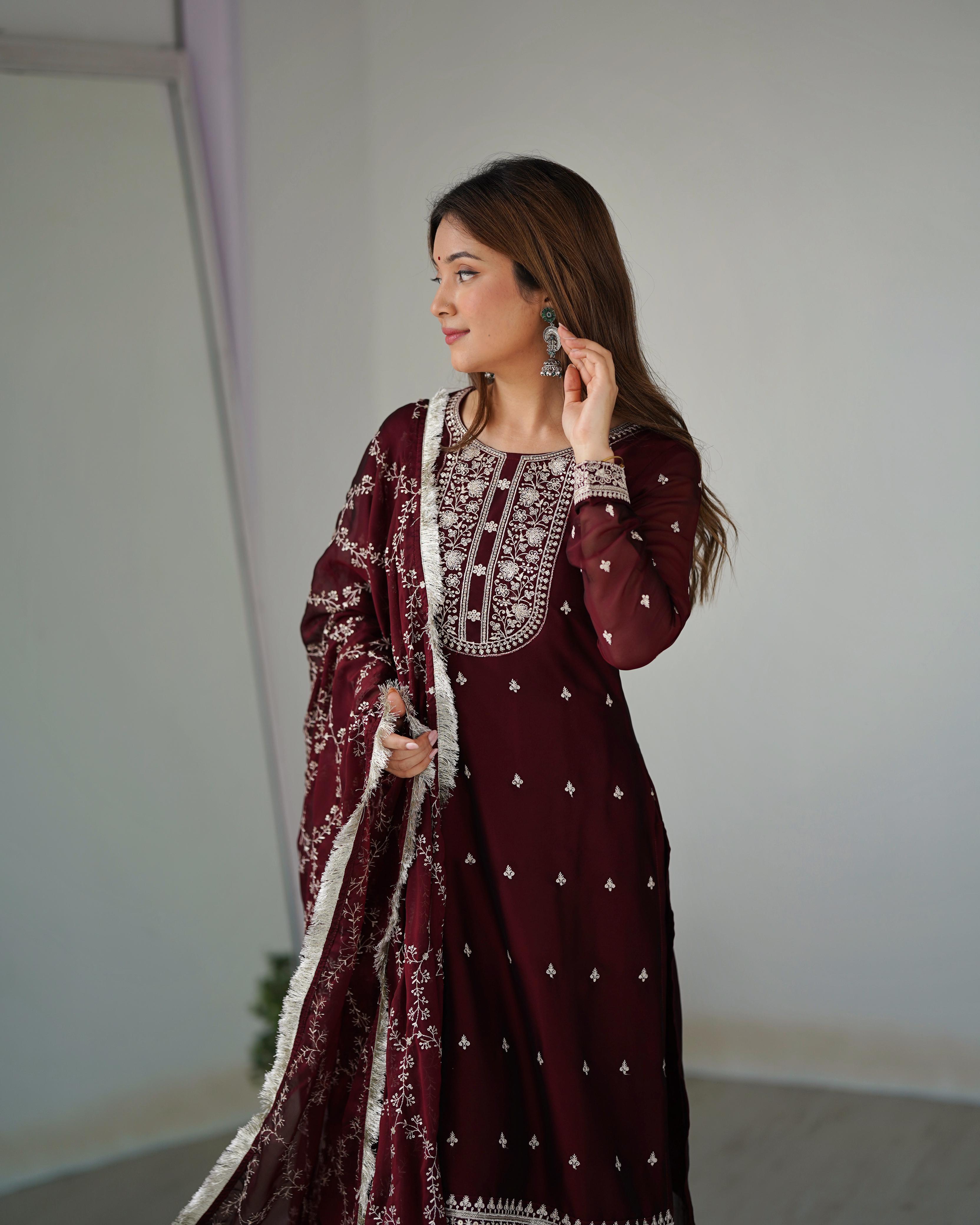 Maroon Pure Rangoli Silk Kurta Suit Set with Dupatta and Pant for Festive Occasions