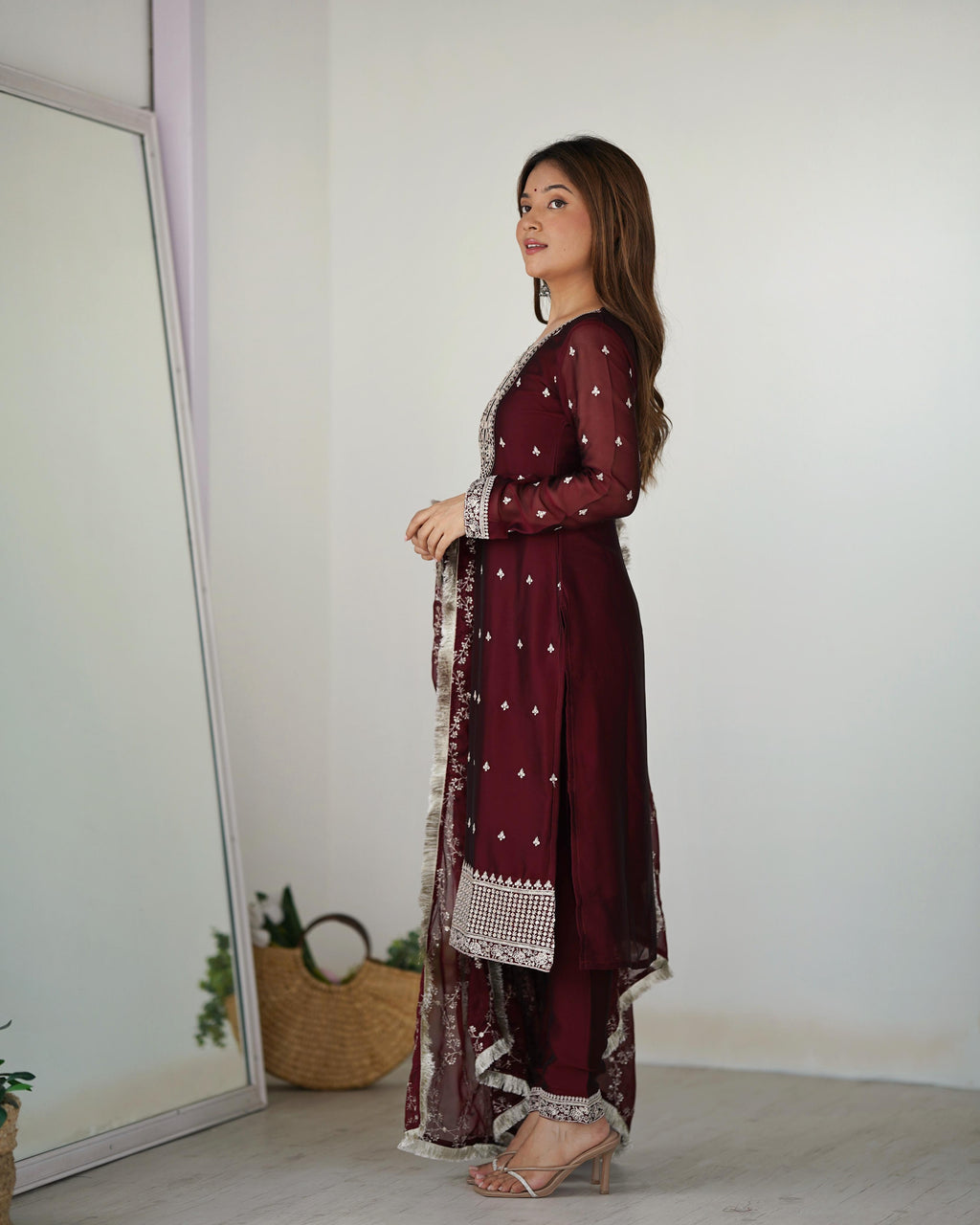 Maroon Pure Rangoli Silk Kurta Suit Set with Dupatta and Pant for Festive Occasions