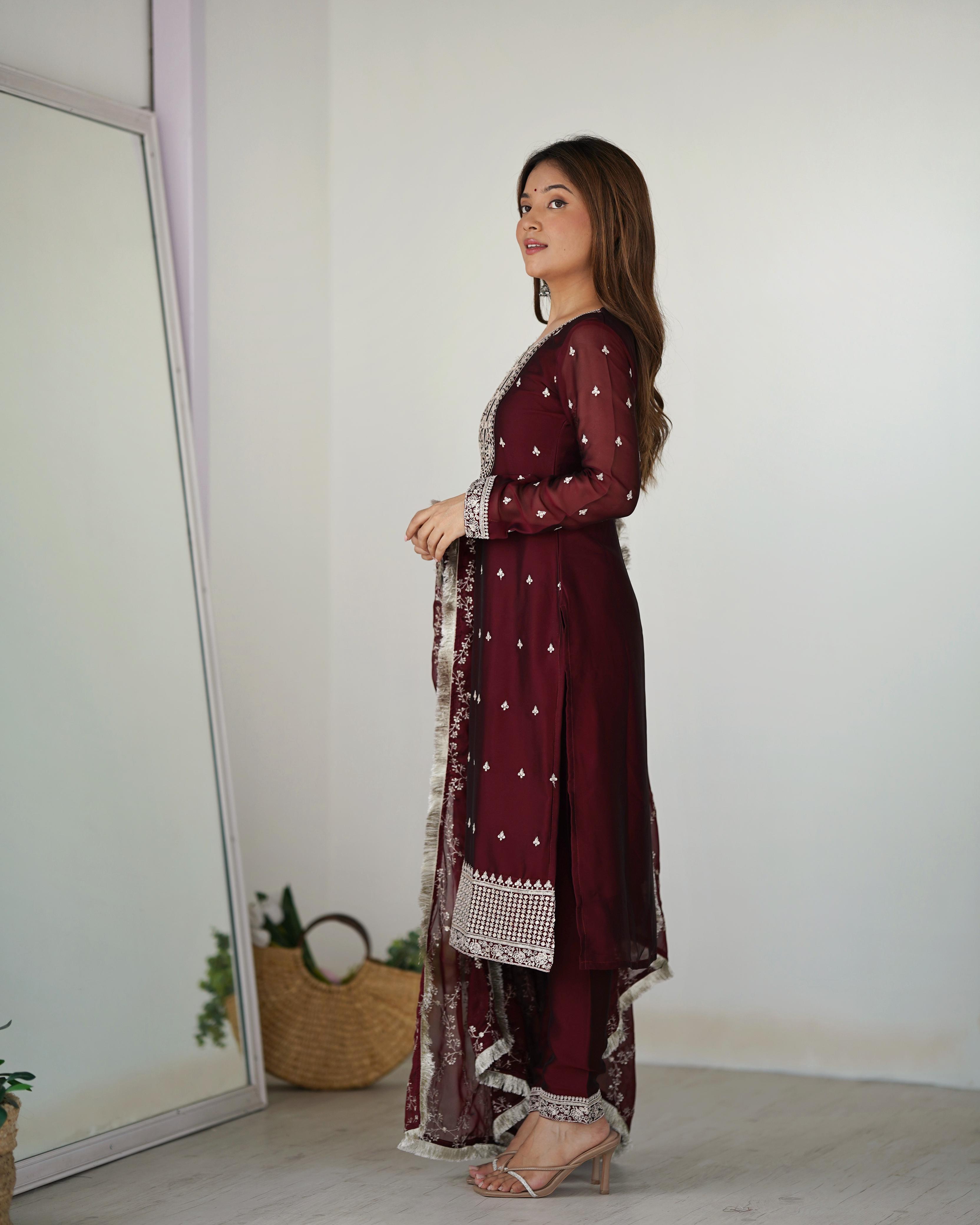 Maroon Pure Rangoli Silk Kurta Suit Set with Dupatta and Pant for Festive Occasions