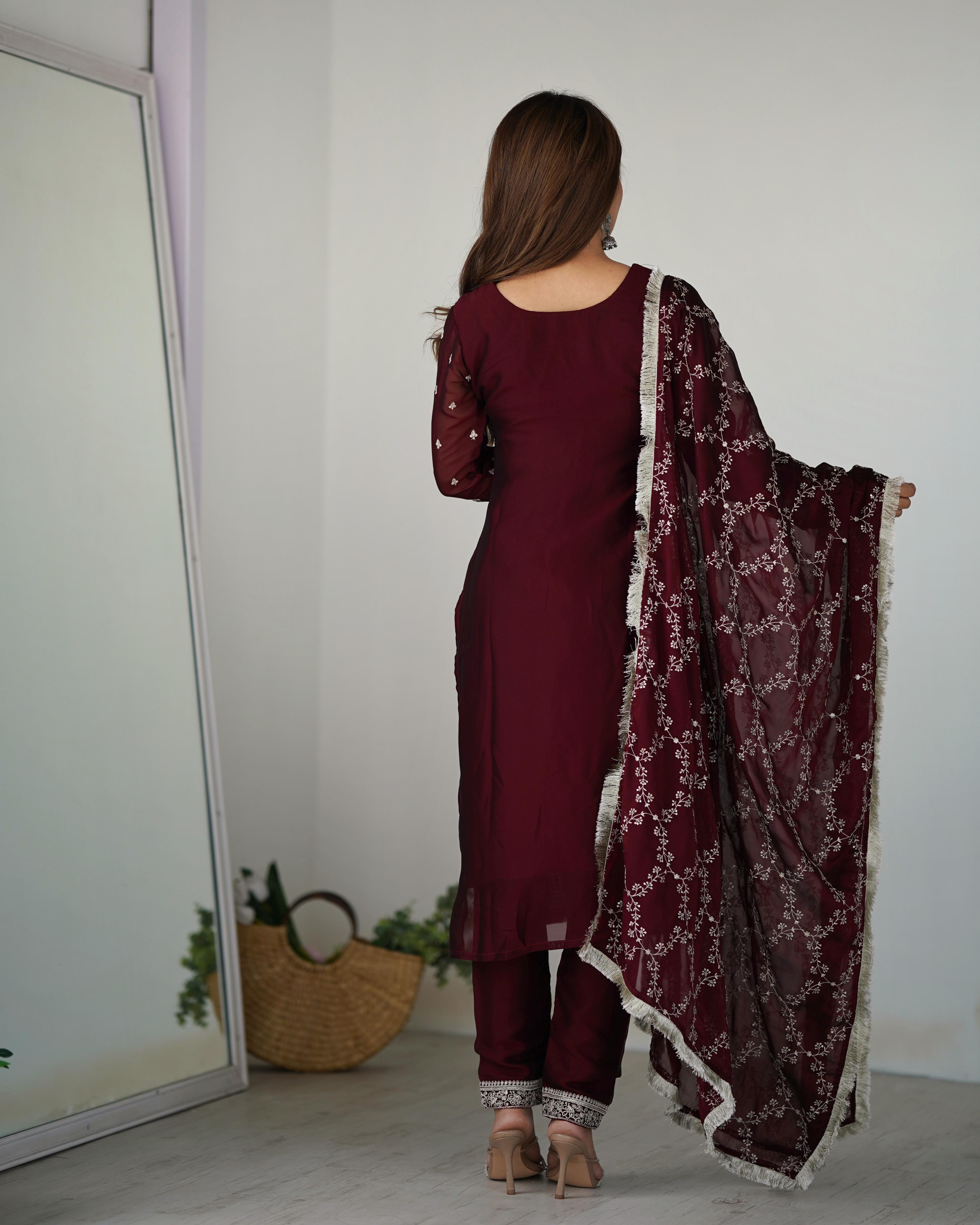 Maroon Pure Rangoli Silk Kurta Suit Set with Dupatta and Pant for Festive Occasions