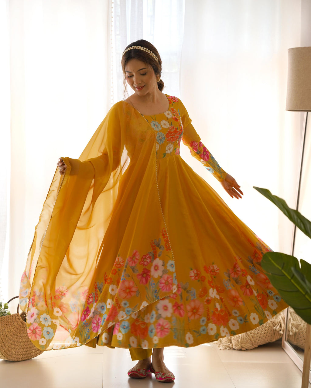 Yellow Soft Organza Anarkali Lehenga Suit Set with Huge Flair for Festive Wear