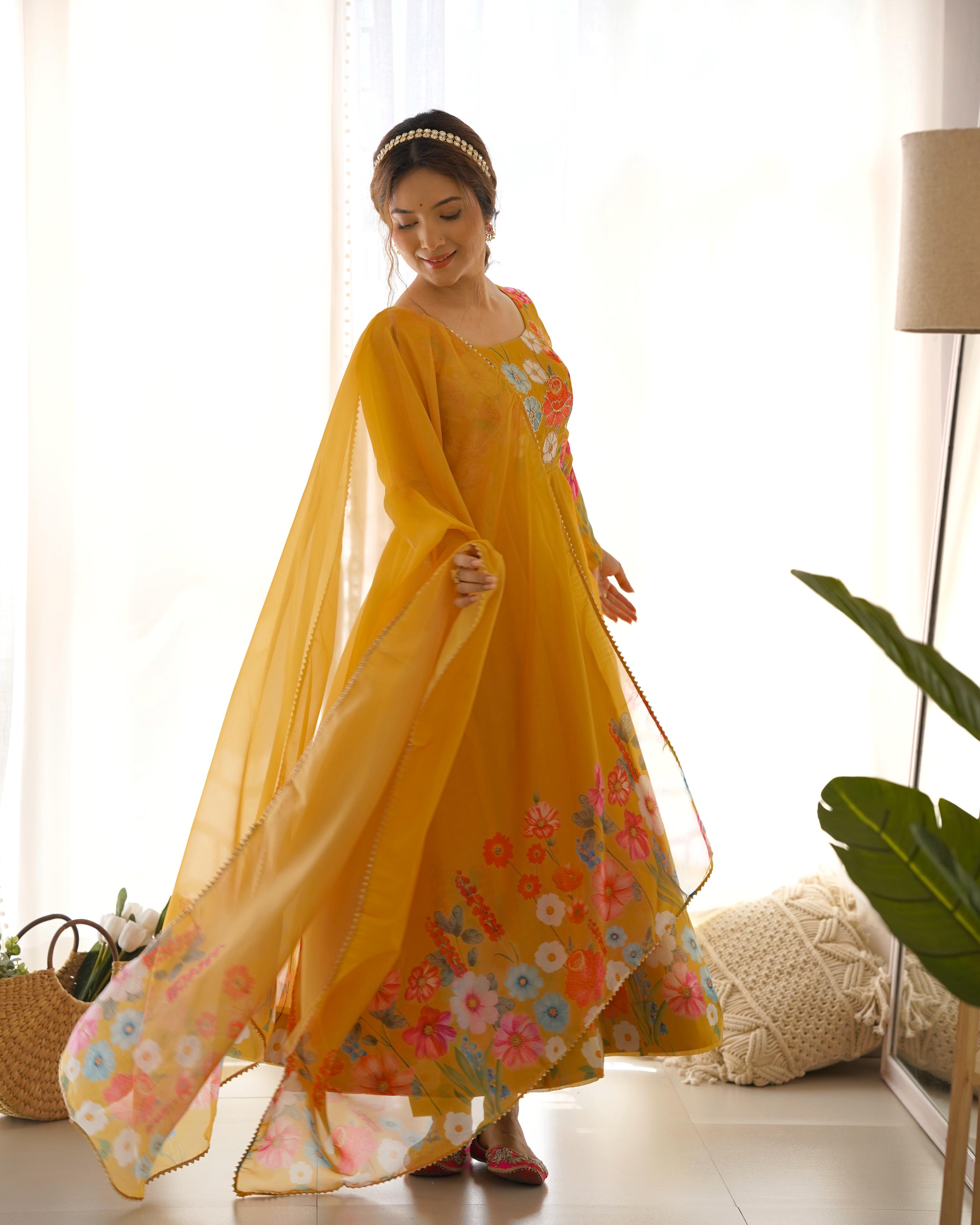Yellow Soft Organza Anarkali Lehenga Suit Set with Huge Flair for Festive Wear