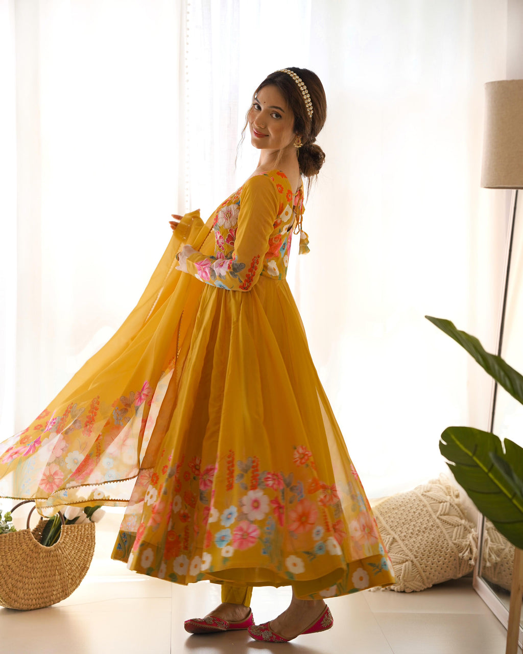 Yellow Soft Organza Anarkali Lehenga Suit Set with Huge Flair for Festive Wear