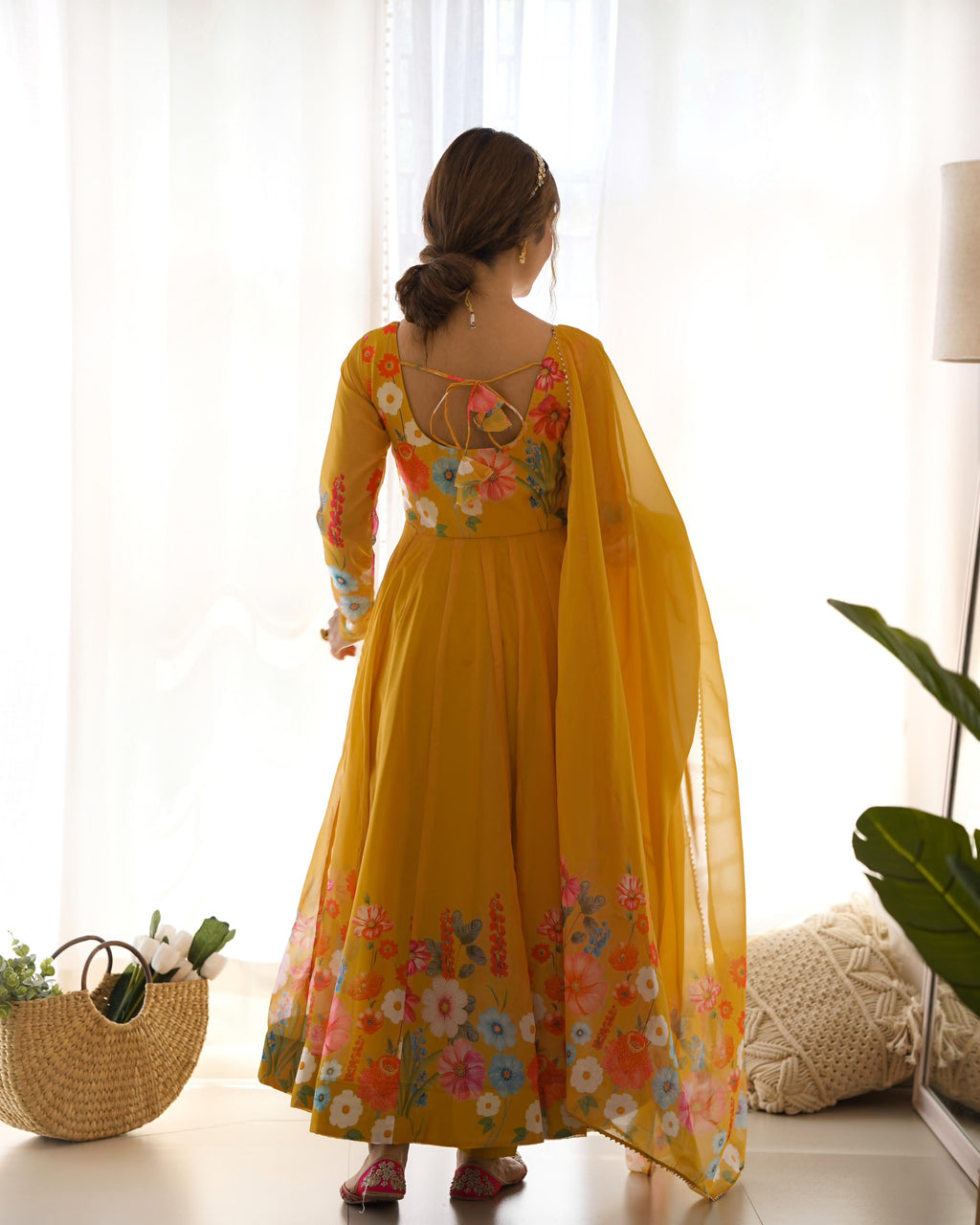 Yellow Soft Organza Anarkali Lehenga Suit Set with Huge Flair for Festive Wear