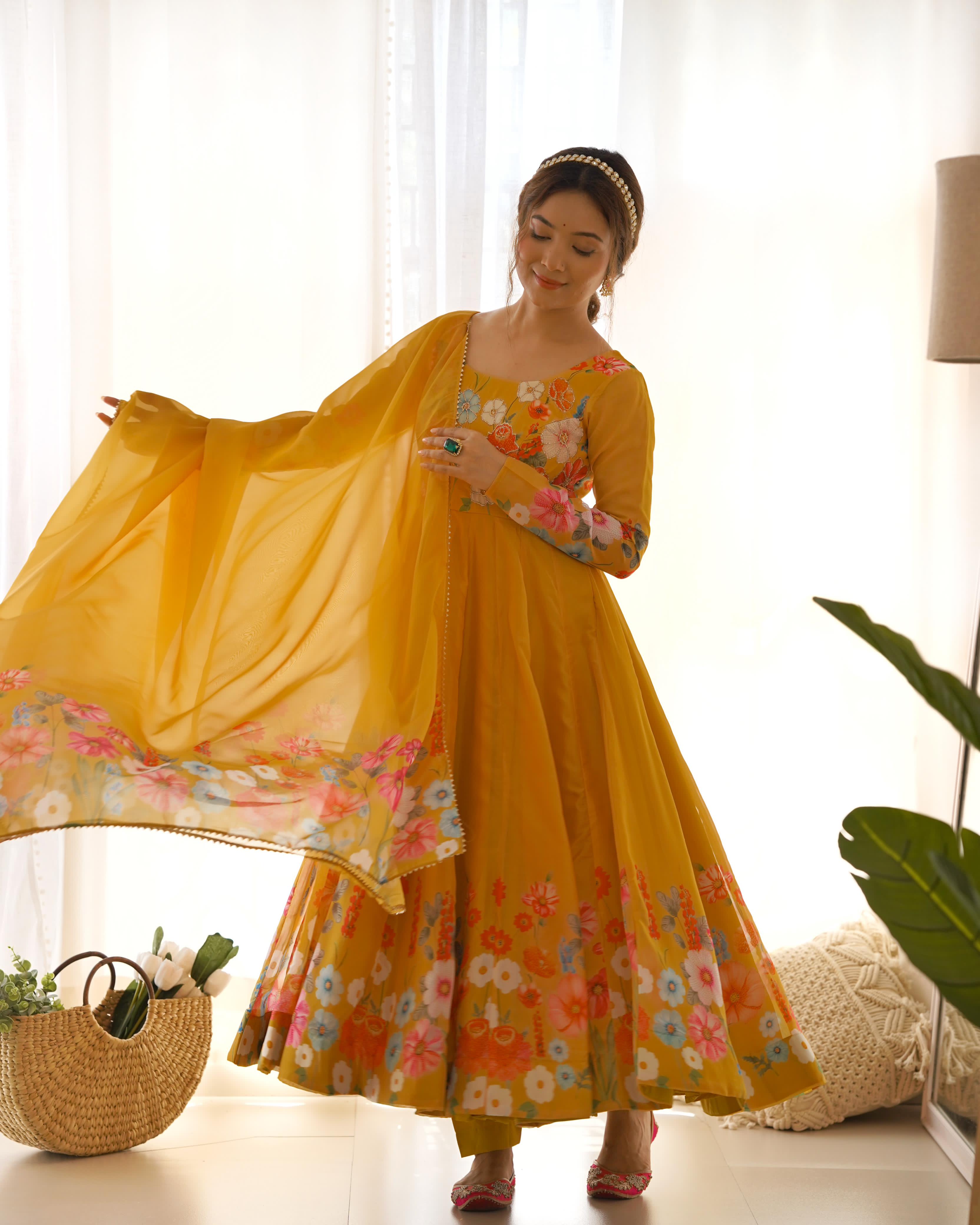 Yellow Soft Organza Anarkali Lehenga Suit Set with Huge Flair for Festive Wear