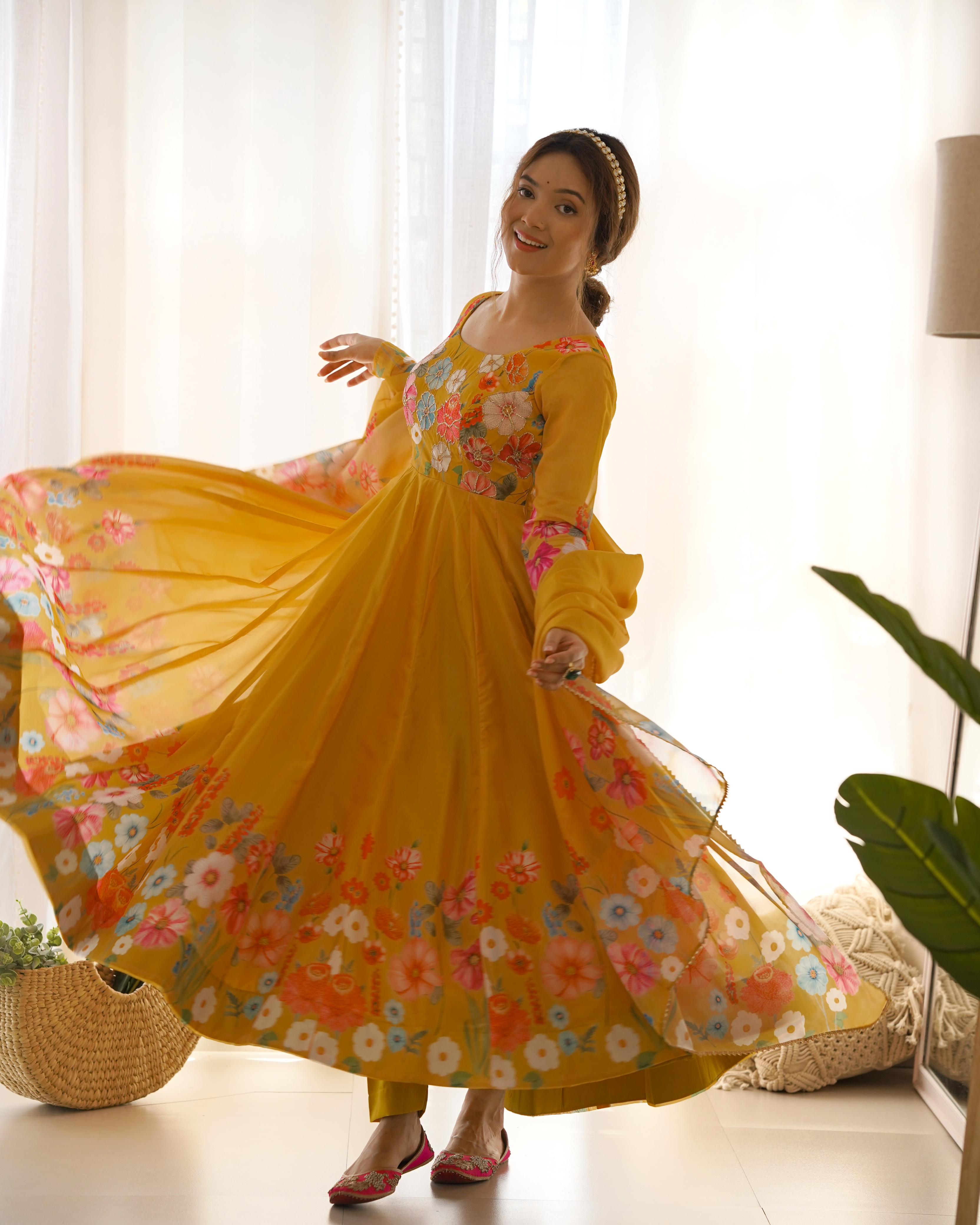 Yellow Soft Organza Anarkali Lehenga Suit Set with Huge Flair for Festive Wear