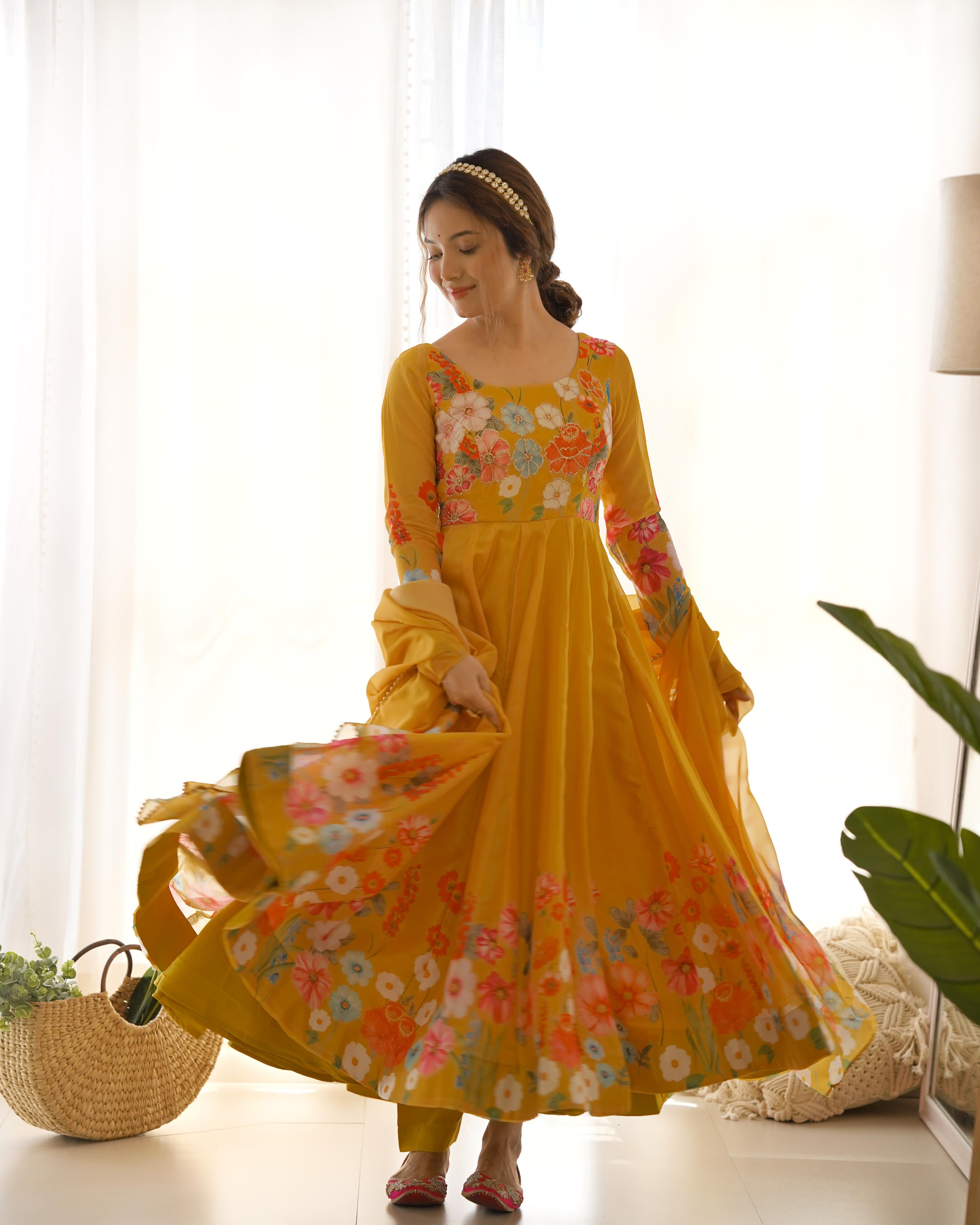 Yellow Soft Organza Anarkali Lehenga Suit Set with Huge Flair for Festive Wear