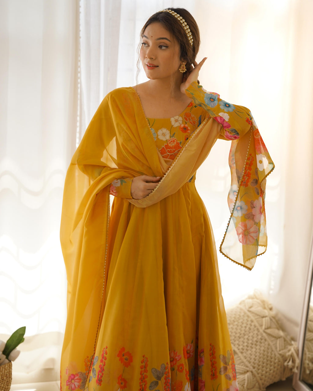 Yellow Soft Organza Anarkali Lehenga Suit Set with Huge Flair for Festive Wear