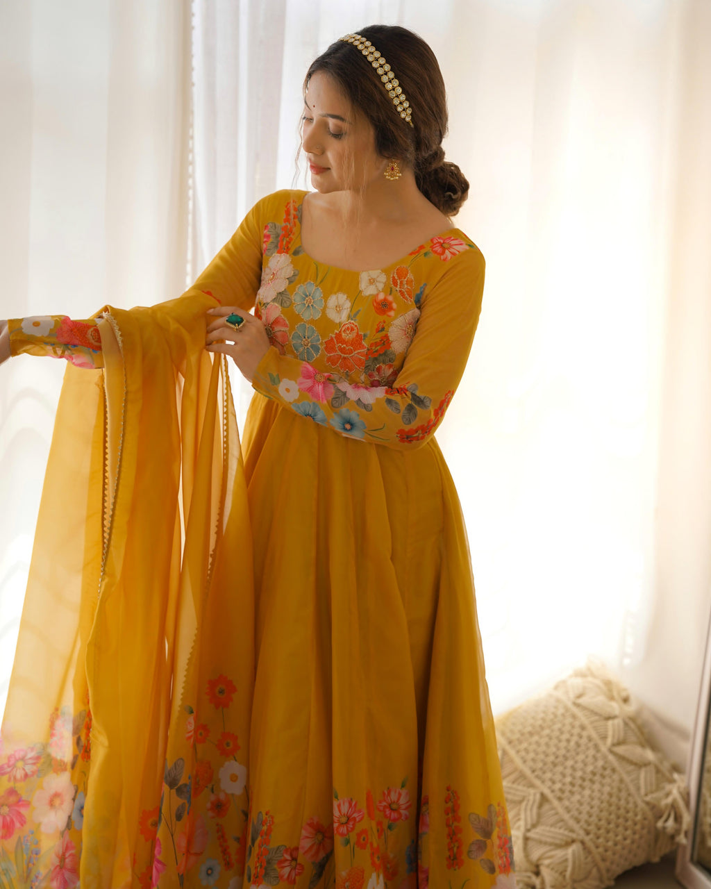 Yellow Soft Organza Anarkali Lehenga Suit Set with Huge Flair for Festive Wear