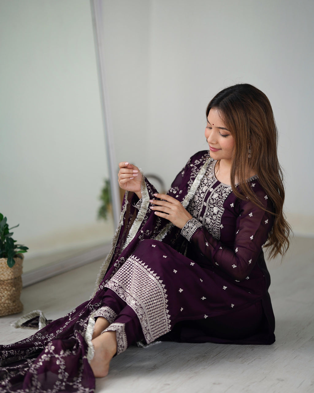 Wine Pure Rangoli Silk Kurta Suit Set with Dupatta and Pant for Festive Occasions