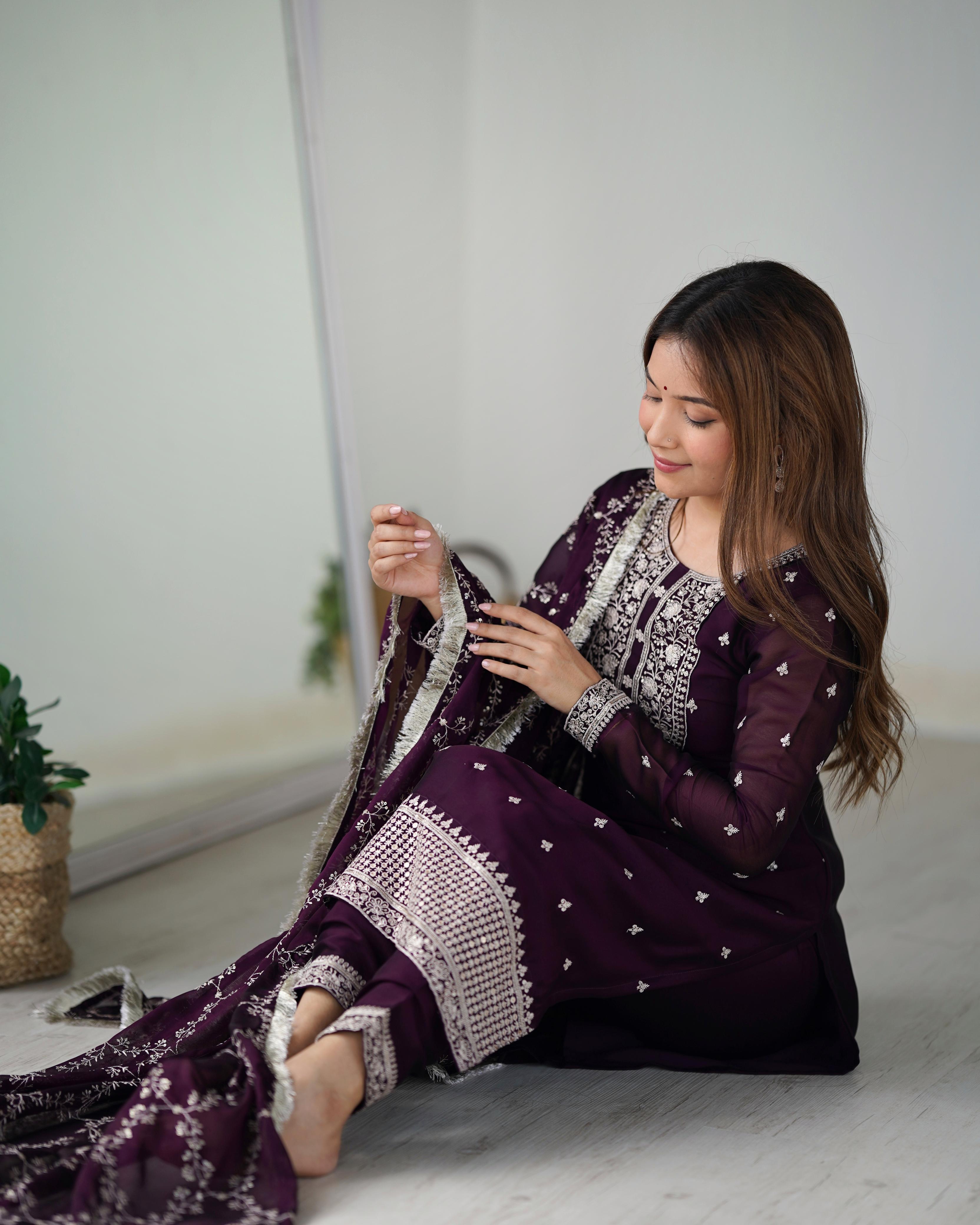 Wine Pure Rangoli Silk Kurta Suit Set with Dupatta and Pant for Festive Occasions