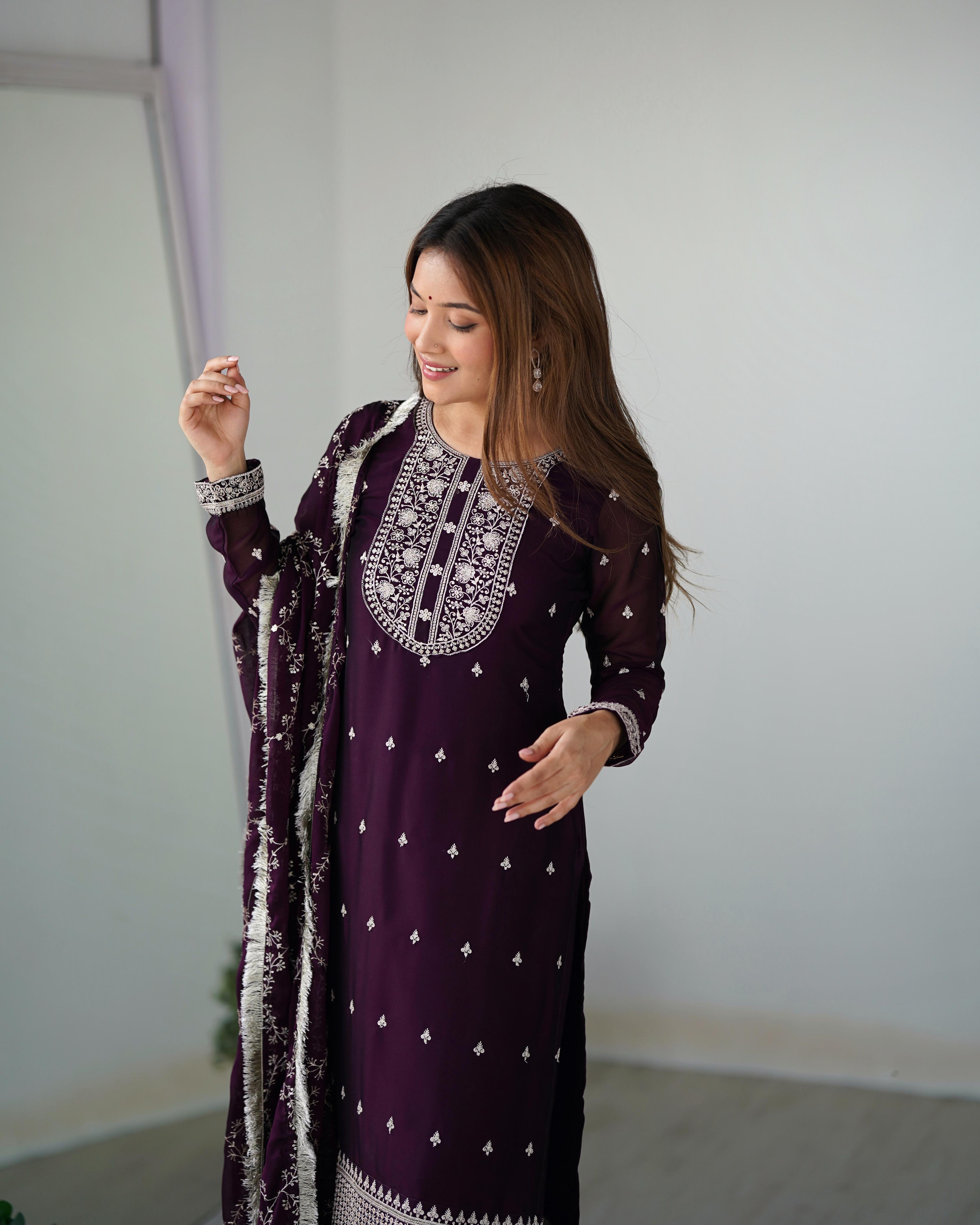 Wine Pure Rangoli Silk Kurta Suit Set with Dupatta and Pant for Festive Occasions