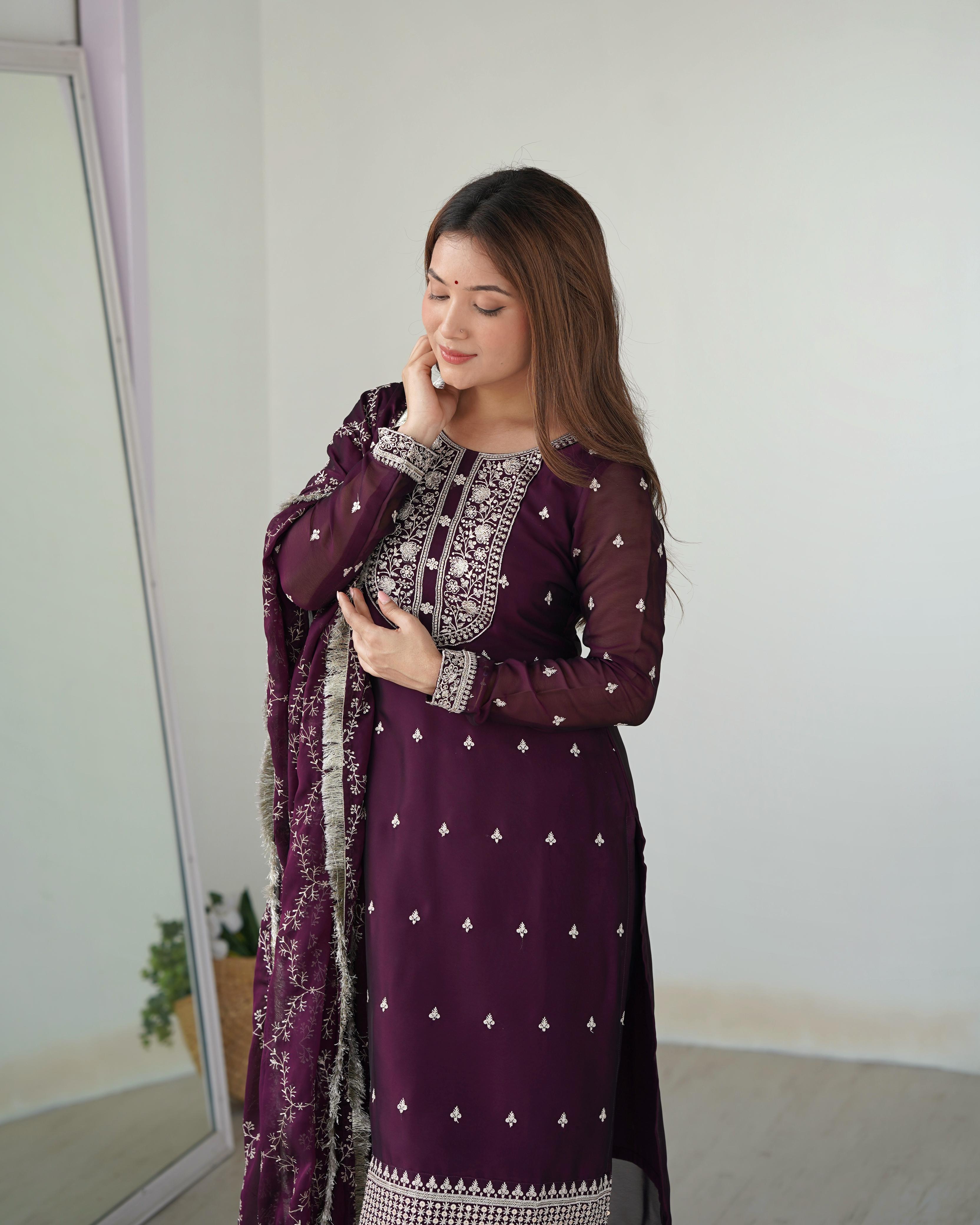Wine Pure Rangoli Silk Kurta Suit Set with Dupatta and Pant for Festive Occasions