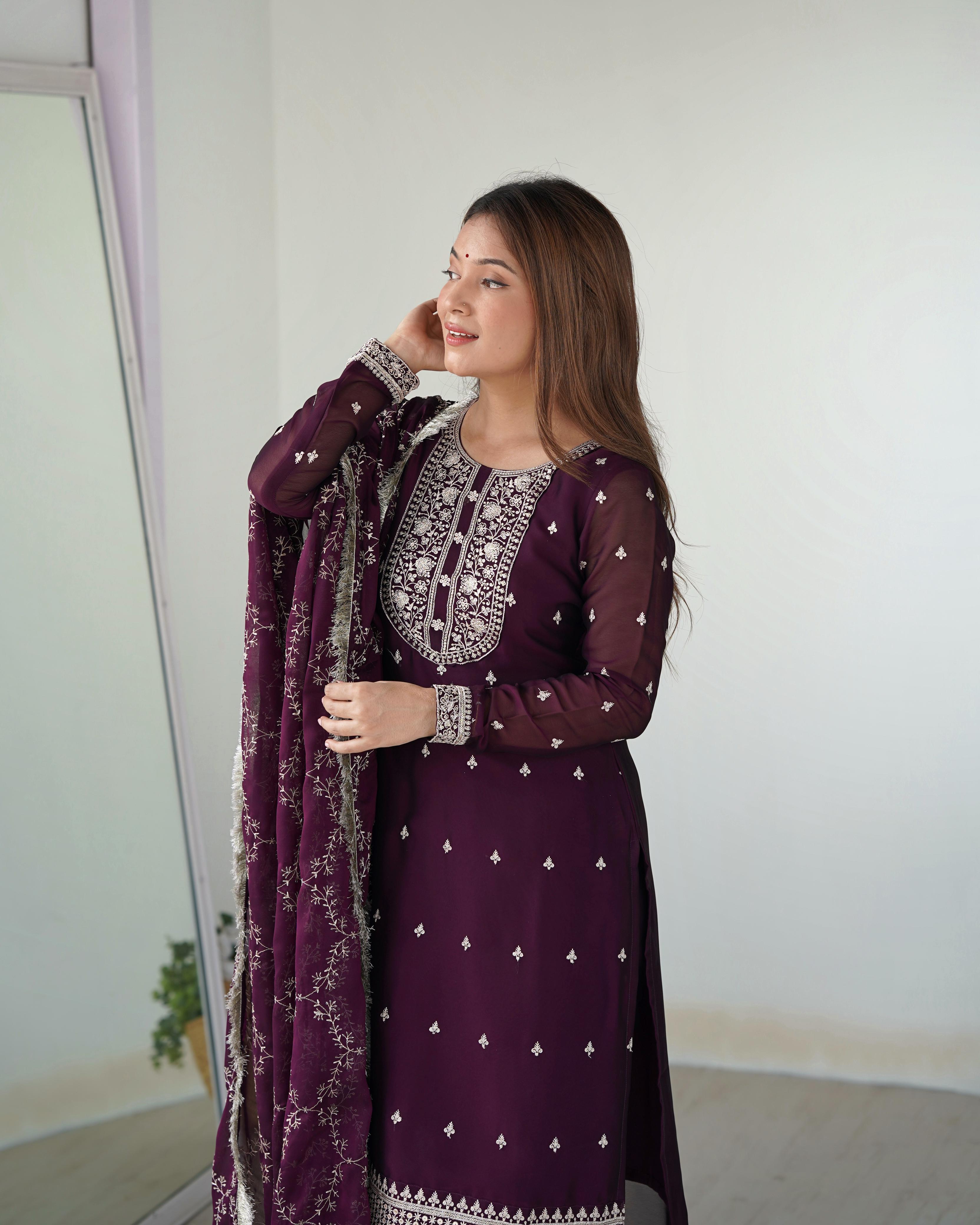 Wine Pure Rangoli Silk Kurta Suit Set with Dupatta and Pant for Festive Occasions
