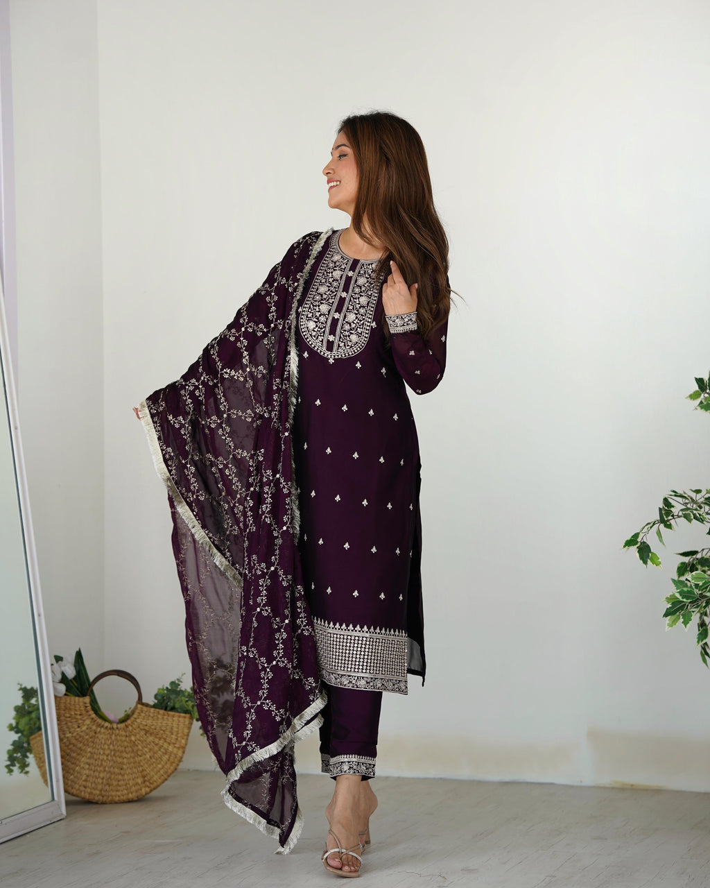 Wine Pure Rangoli Silk Kurta Suit Set with Dupatta and Pant for Festive Occasions