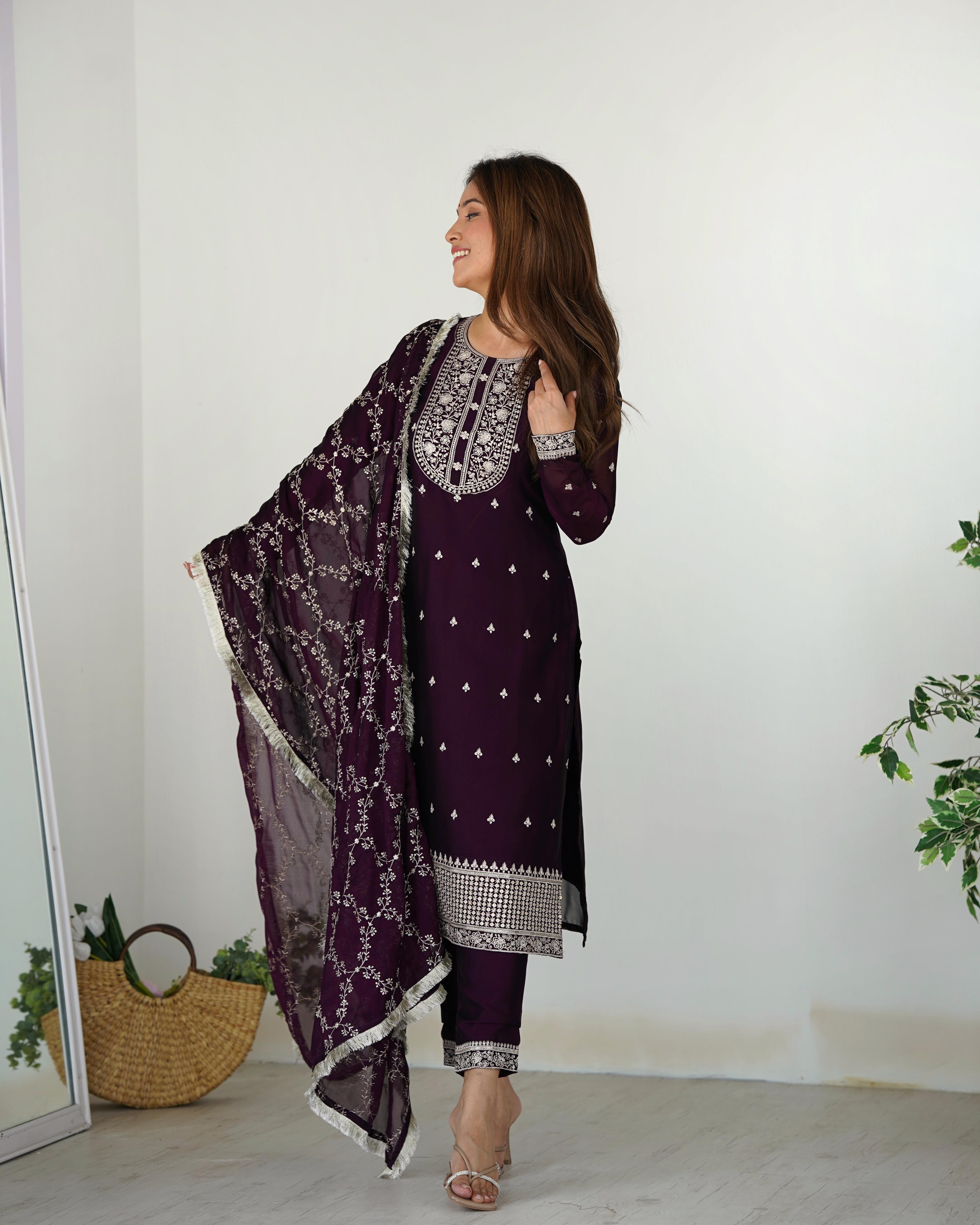 Wine Pure Rangoli Silk Kurta Suit Set with Dupatta and Pant for Festive Occasions