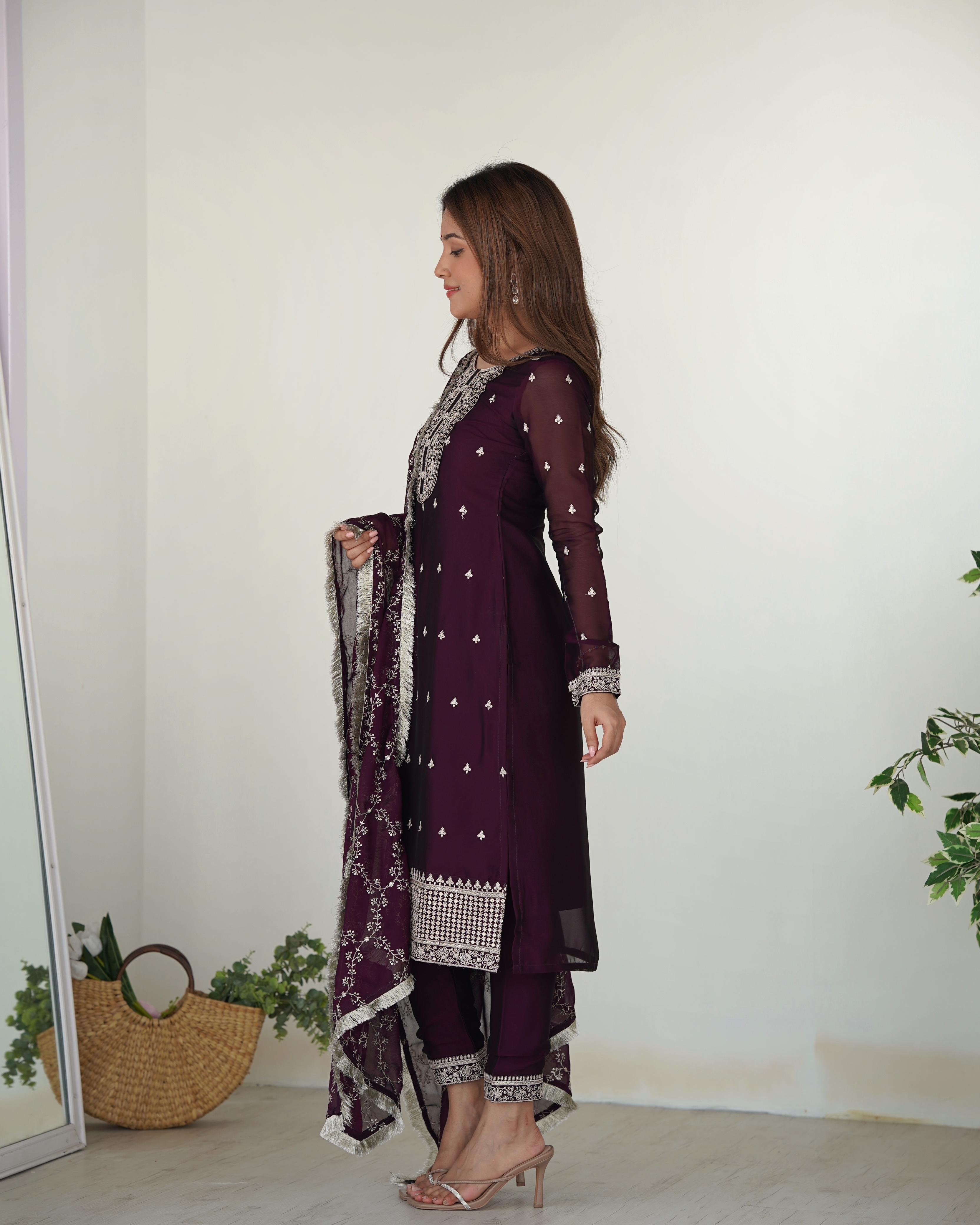Wine Pure Rangoli Silk Kurta Suit Set with Dupatta and Pant for Festive Occasions