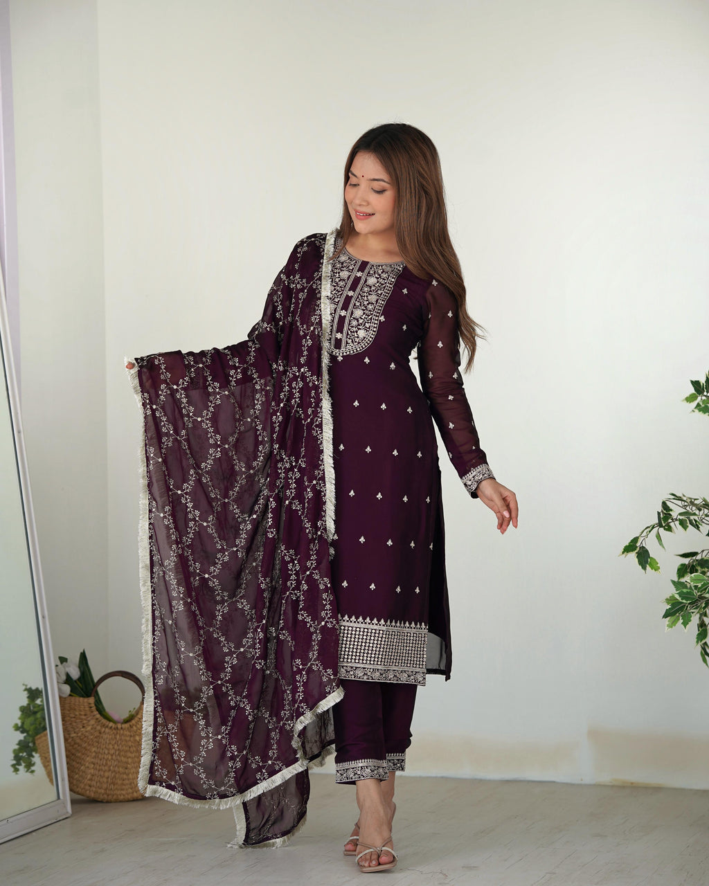 Wine Pure Rangoli Silk Kurta Suit Set with Dupatta and Pant for Festive Occasions