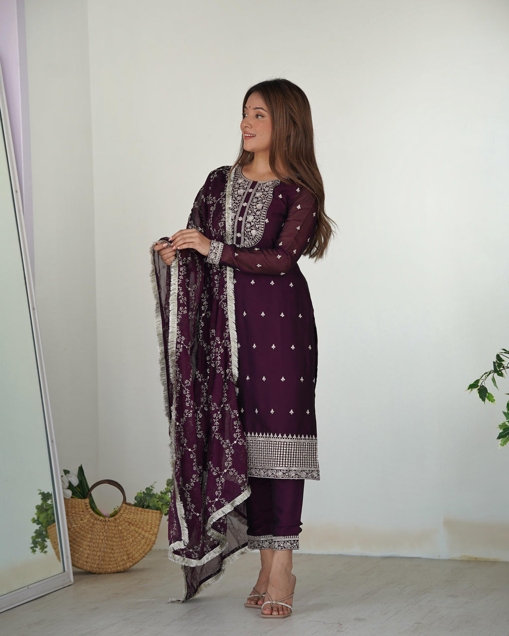 Wine Pure Rangoli Silk Kurta Suit Set with Dupatta and Pant for Festive Occasions