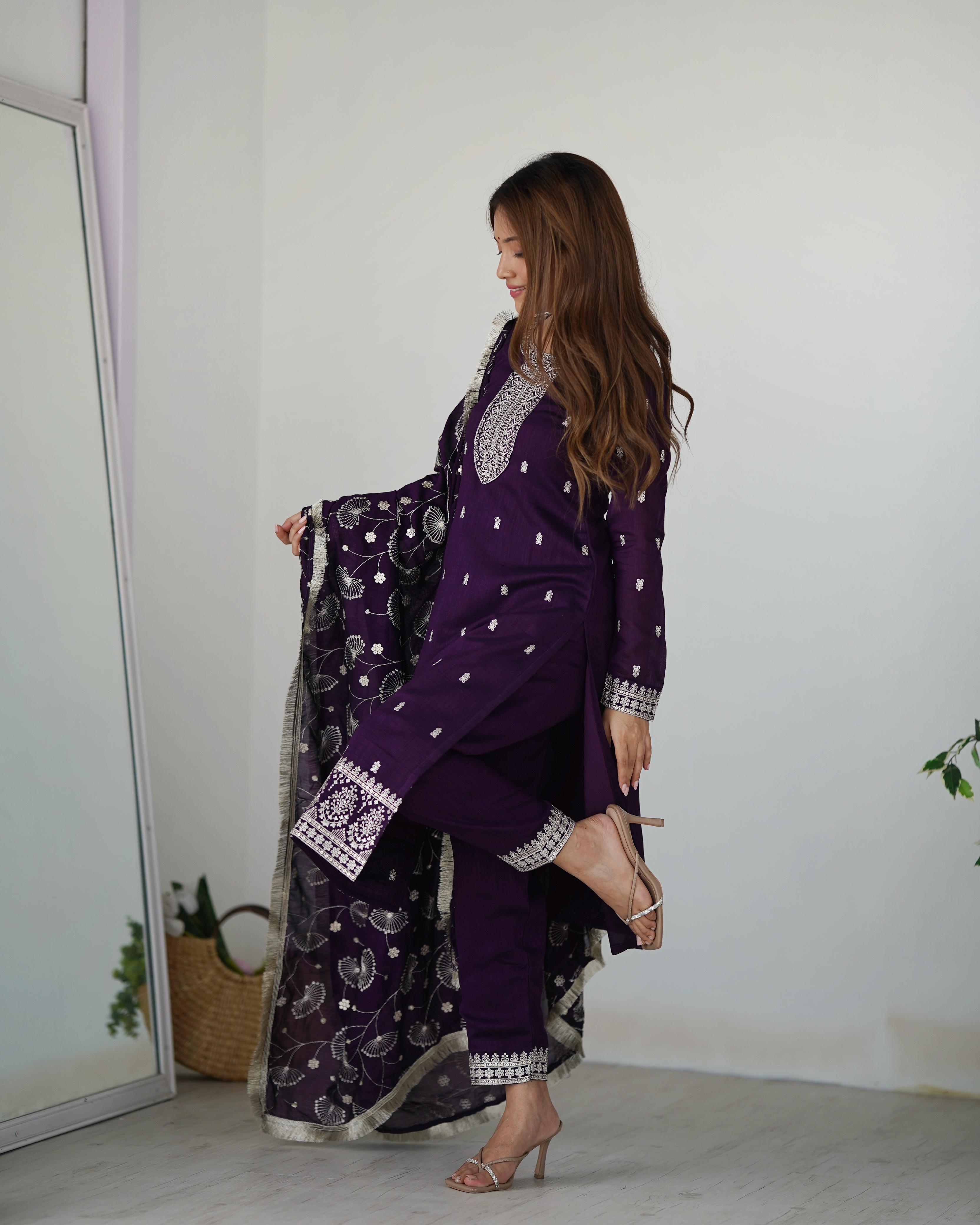 Purple Blooming Rangoli Silk Kurta Suit Set with Dupatta and Pant for Festive Occasions