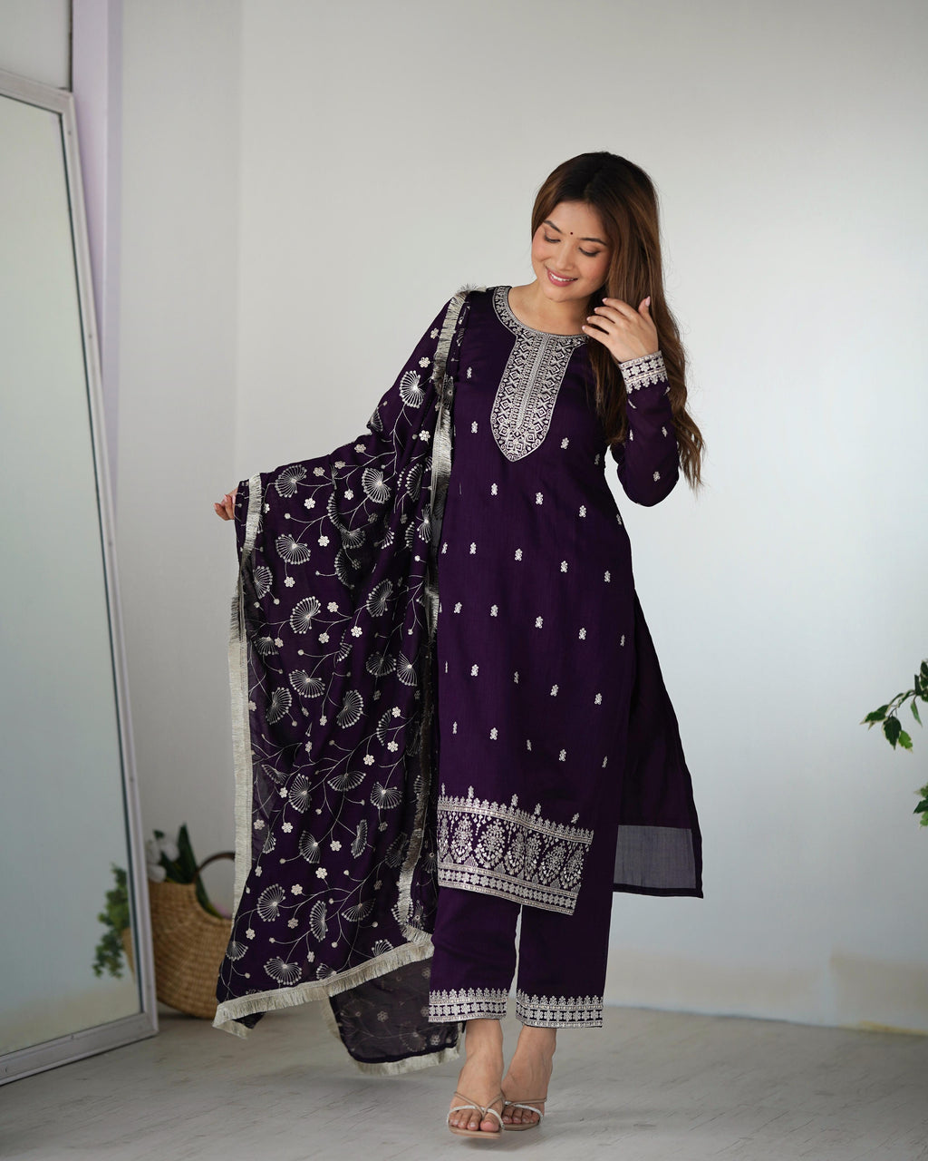 Purple Blooming Rangoli Silk Kurta Suit Set with Dupatta and Pant for Festive Occasions