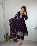 Purple Blooming Rangoli Silk Kurta Suit Set with Dupatta and Pant for Festive Occasions