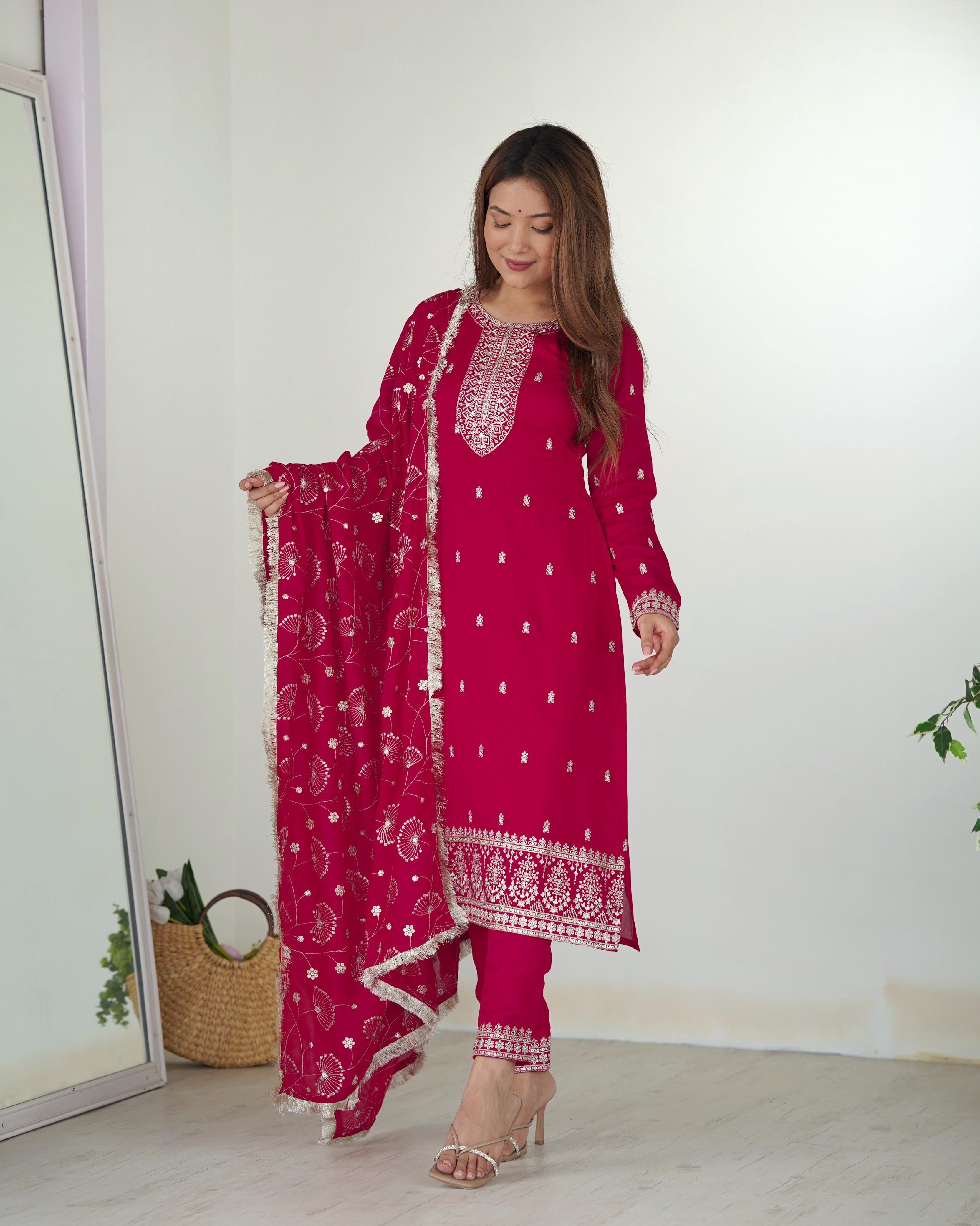 Pink Blooming Rangoli Silk Kurta Suit Set with Dupatta and Pant for Festive Occasions