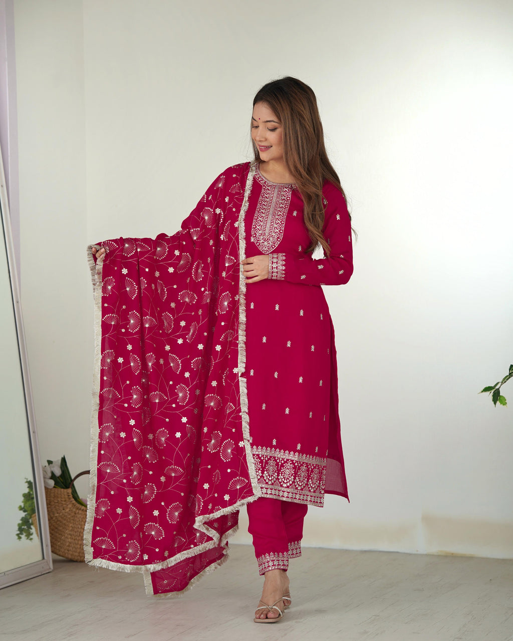 Pink Blooming Rangoli Silk Kurta Suit Set with Dupatta and Pant for Festive Occasions