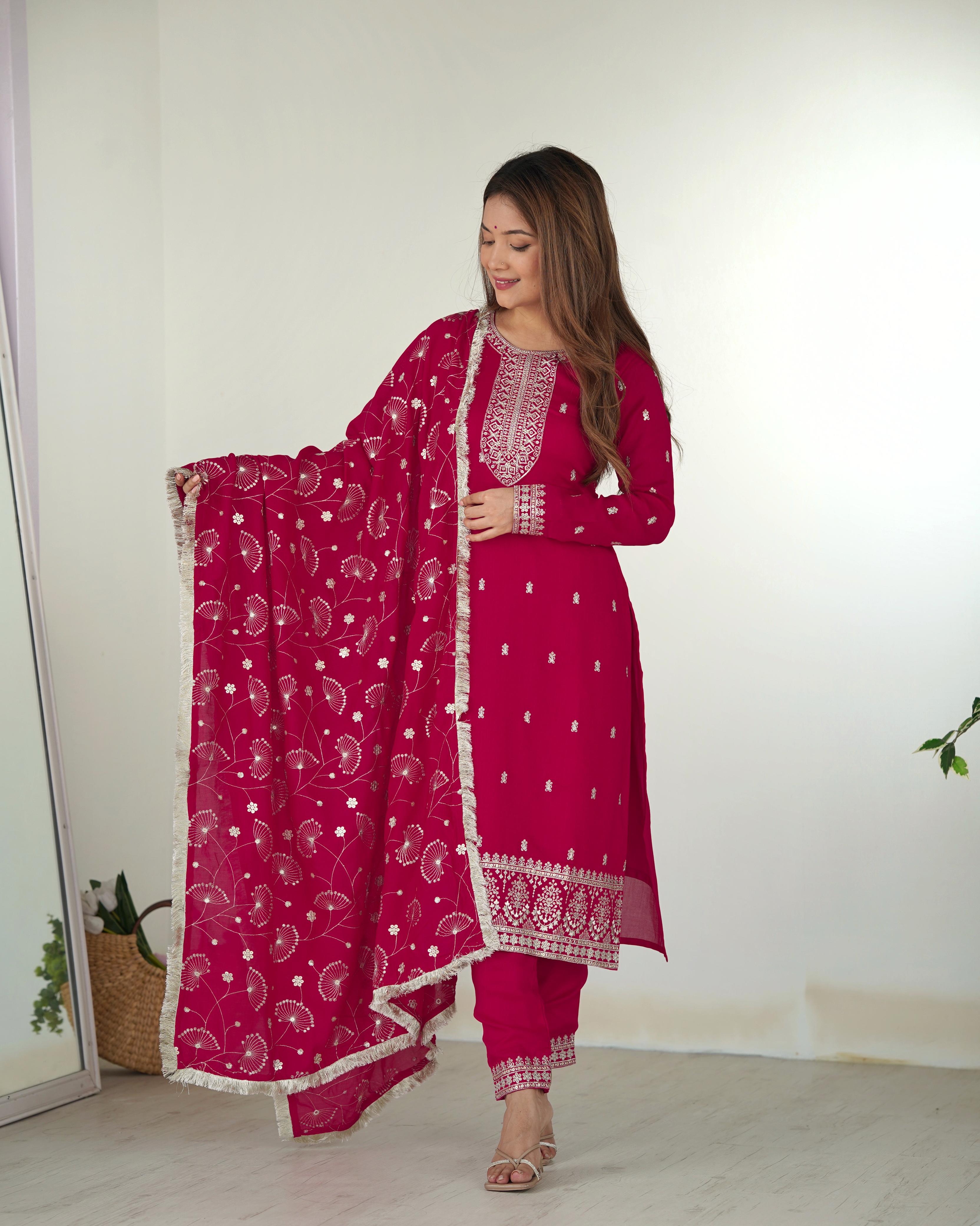 Pink Blooming Rangoli Silk Kurta Suit Set with Dupatta and Pant for Festive Occasions