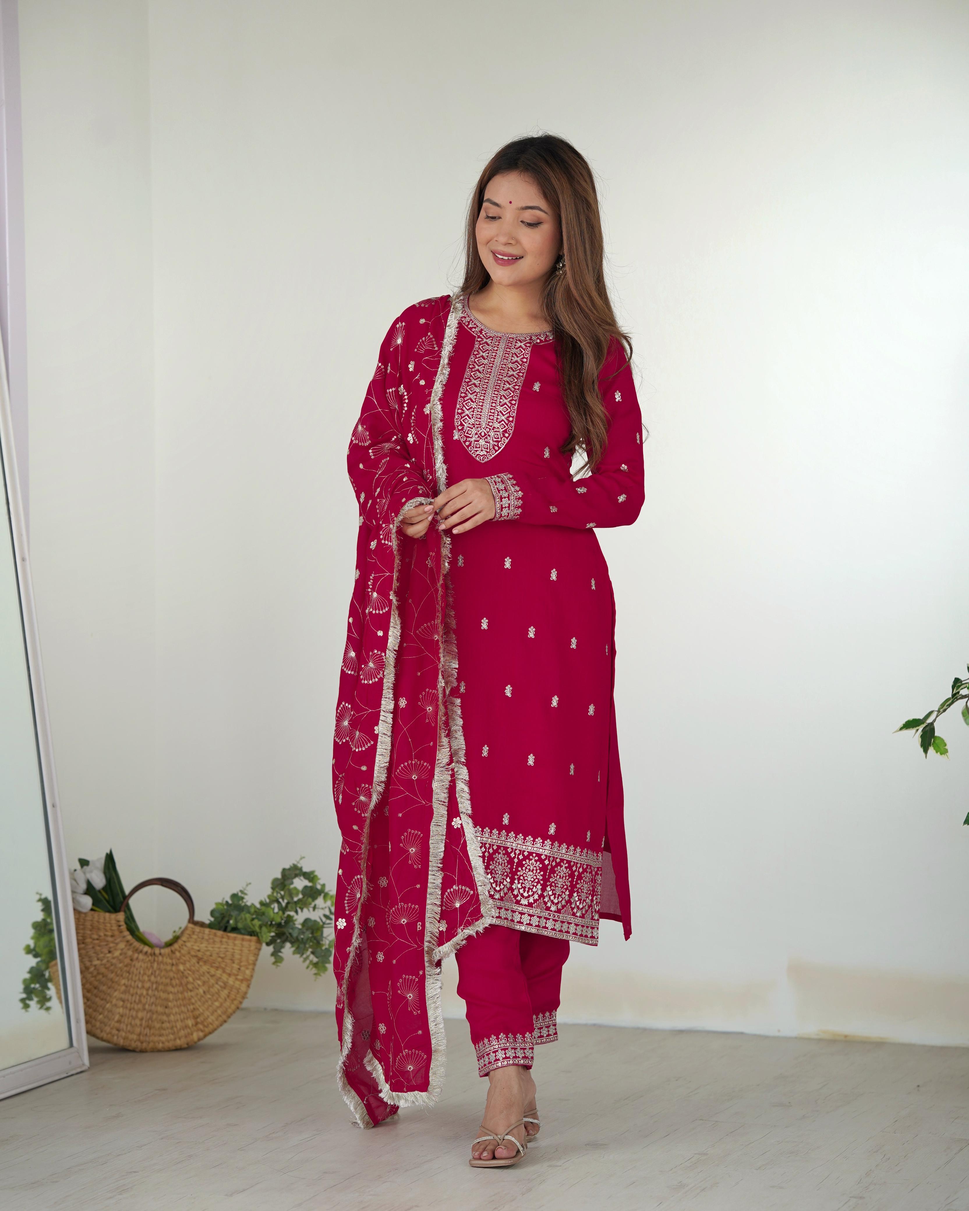 Pink Blooming Rangoli Silk Kurta Suit Set with Dupatta and Pant for Festive Occasions
