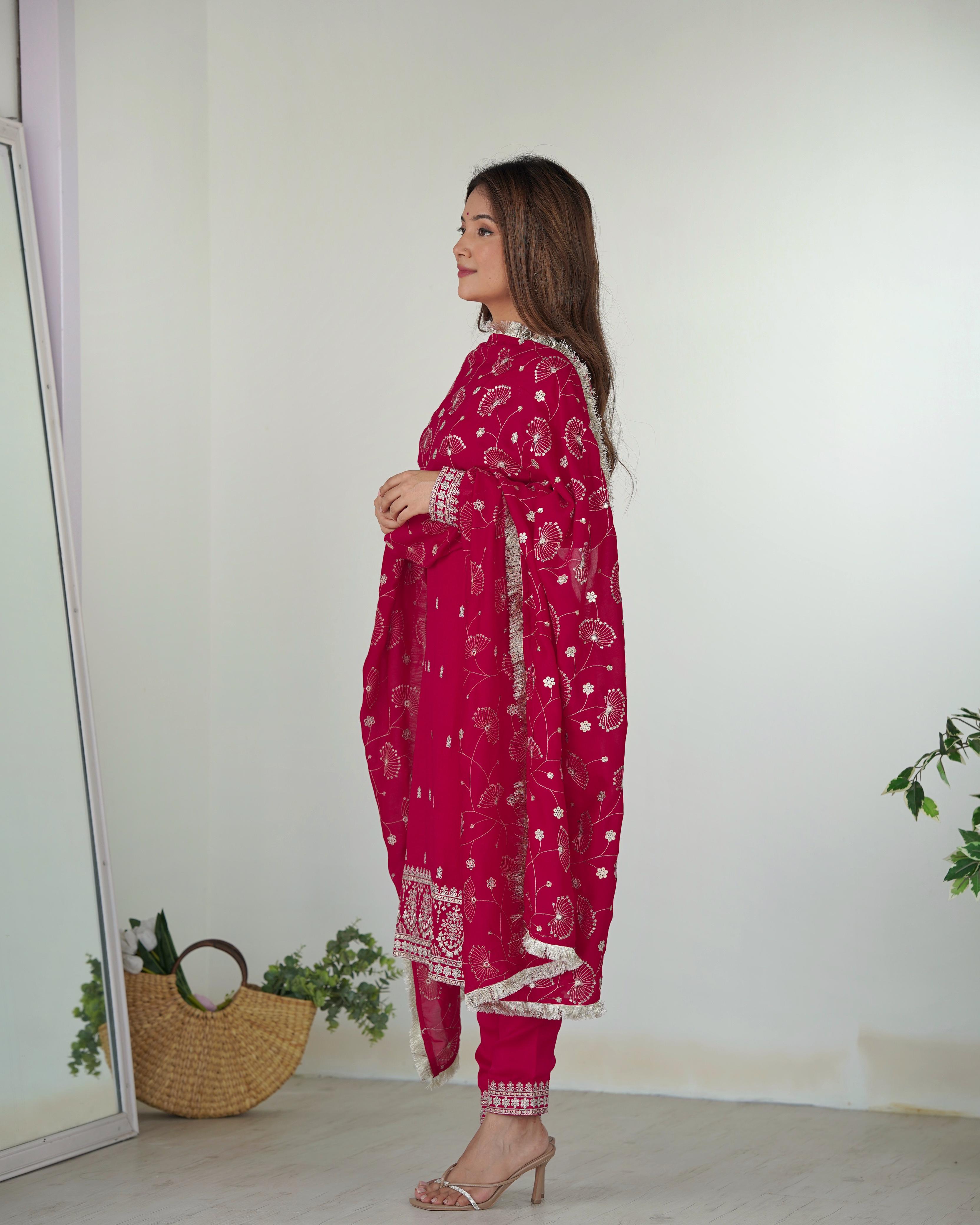 Pink Blooming Rangoli Silk Kurta Suit Set with Dupatta and Pant for Festive Occasions