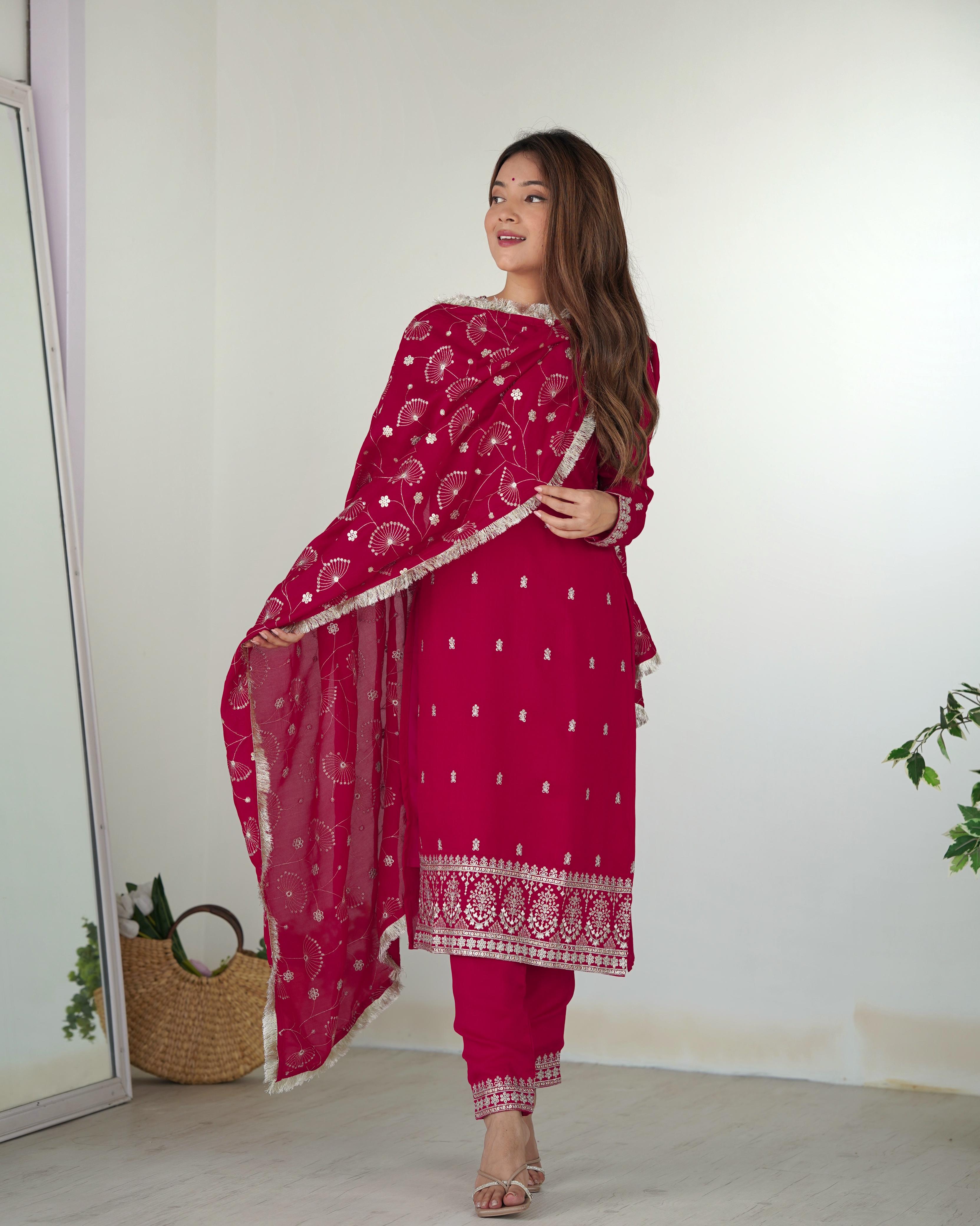 Pink Blooming Rangoli Silk Kurta Suit Set with Dupatta and Pant for Festive Occasions