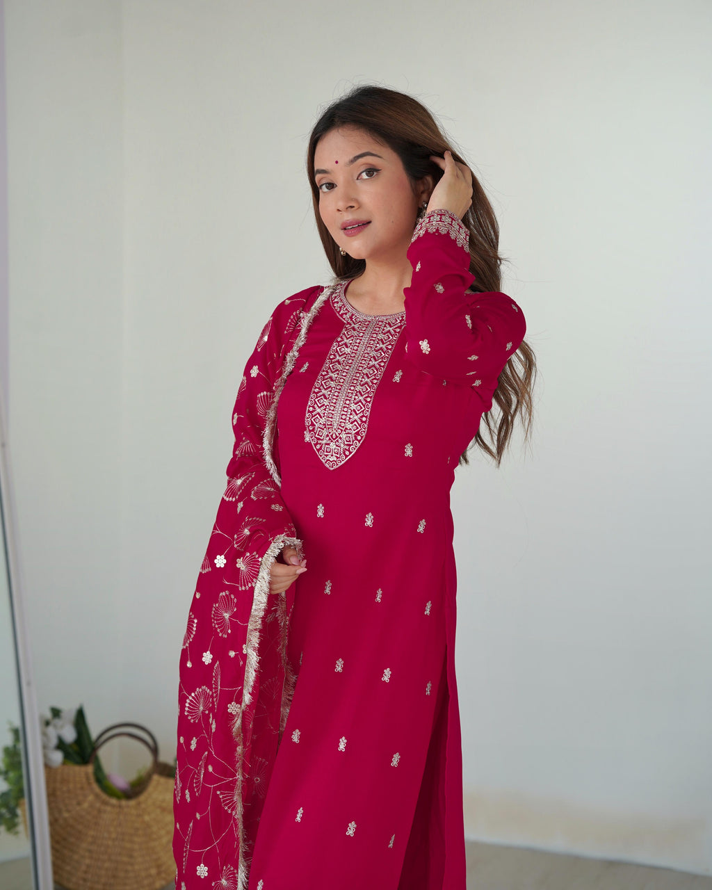 Pink Blooming Rangoli Silk Kurta Suit Set with Dupatta and Pant for Festive Occasions