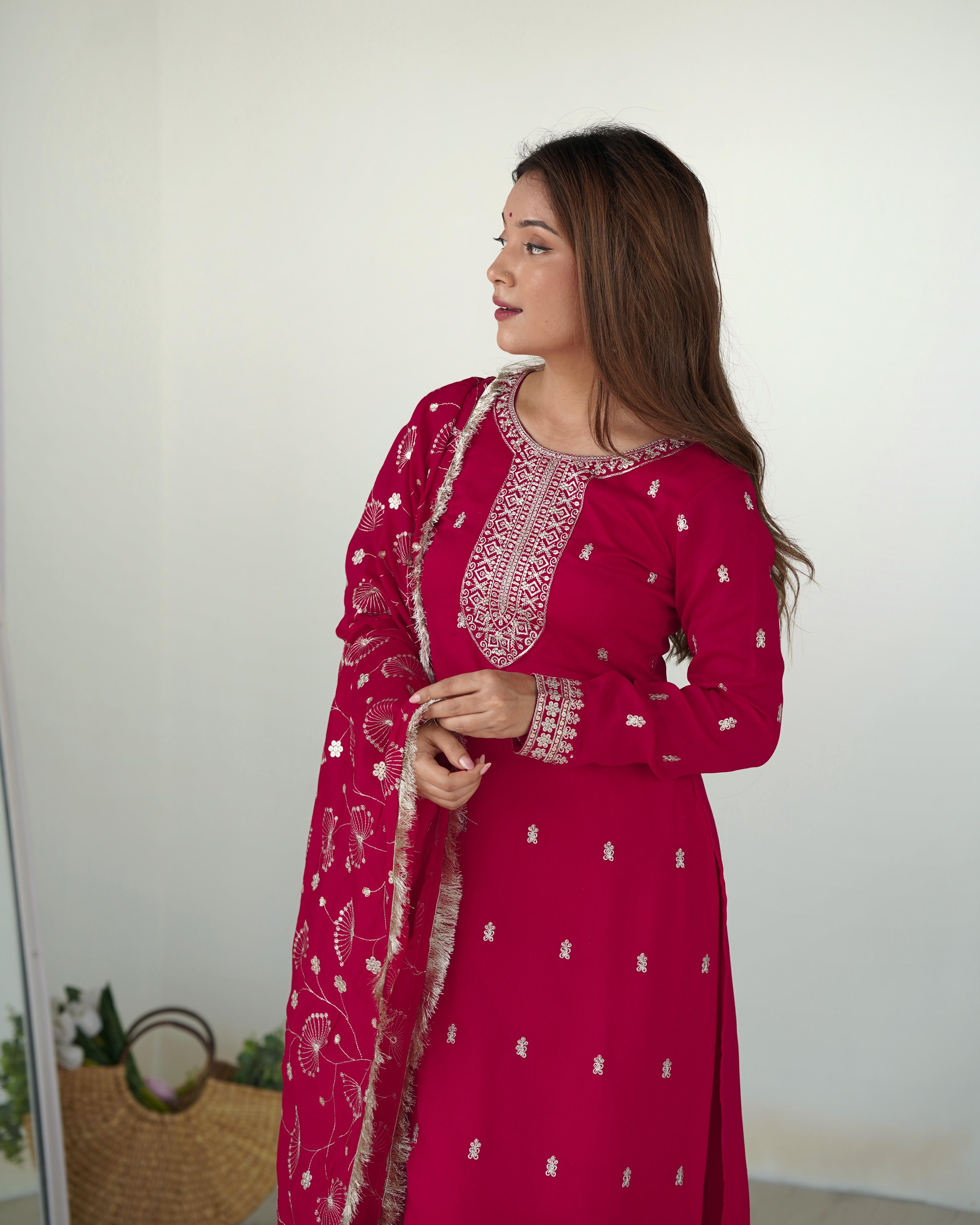 Pink Blooming Rangoli Silk Kurta Suit Set with Dupatta and Pant for Festive Occasions