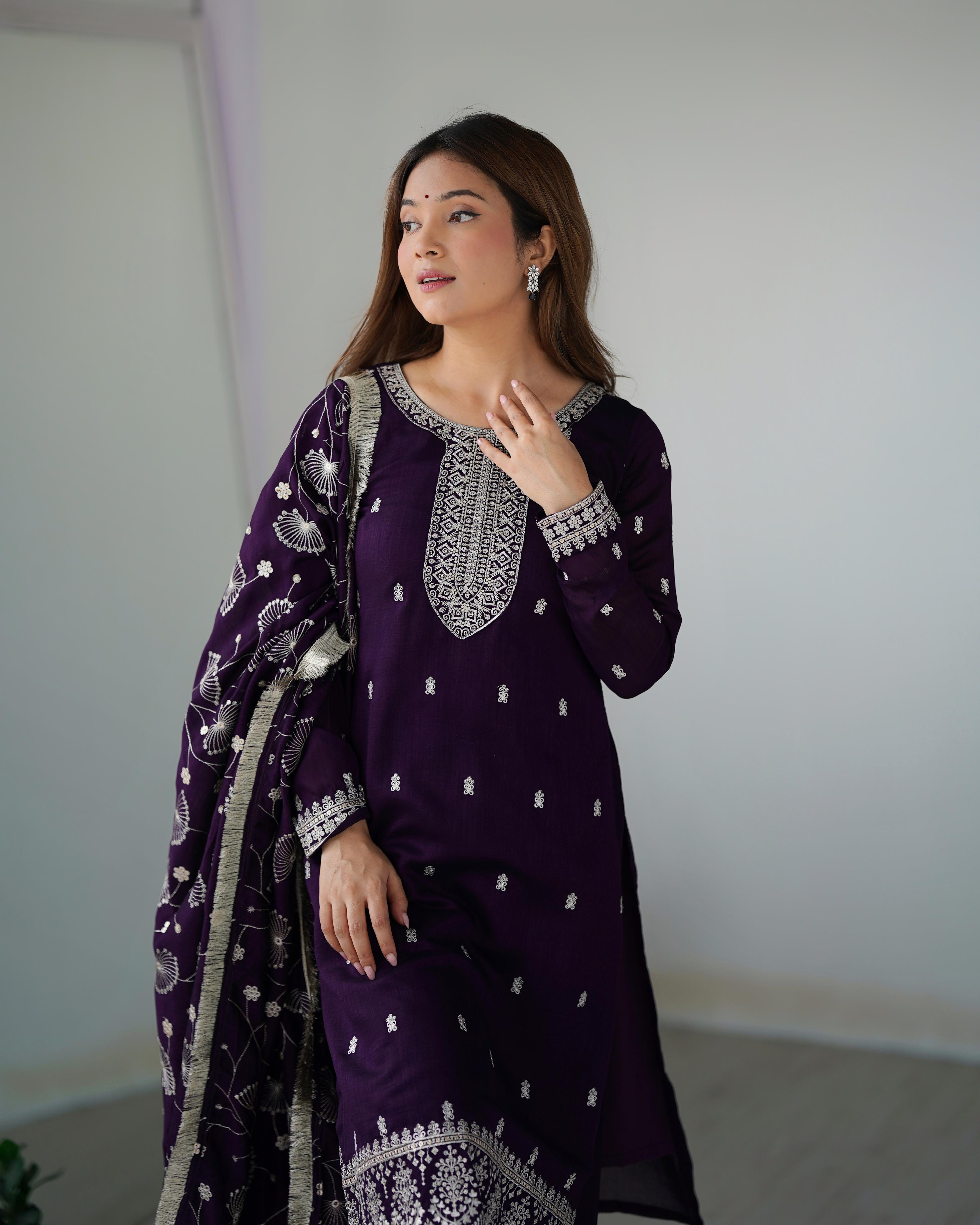 Purple Blooming Rangoli Silk Kurta Suit Set with Dupatta and Pant for Festive Occasions