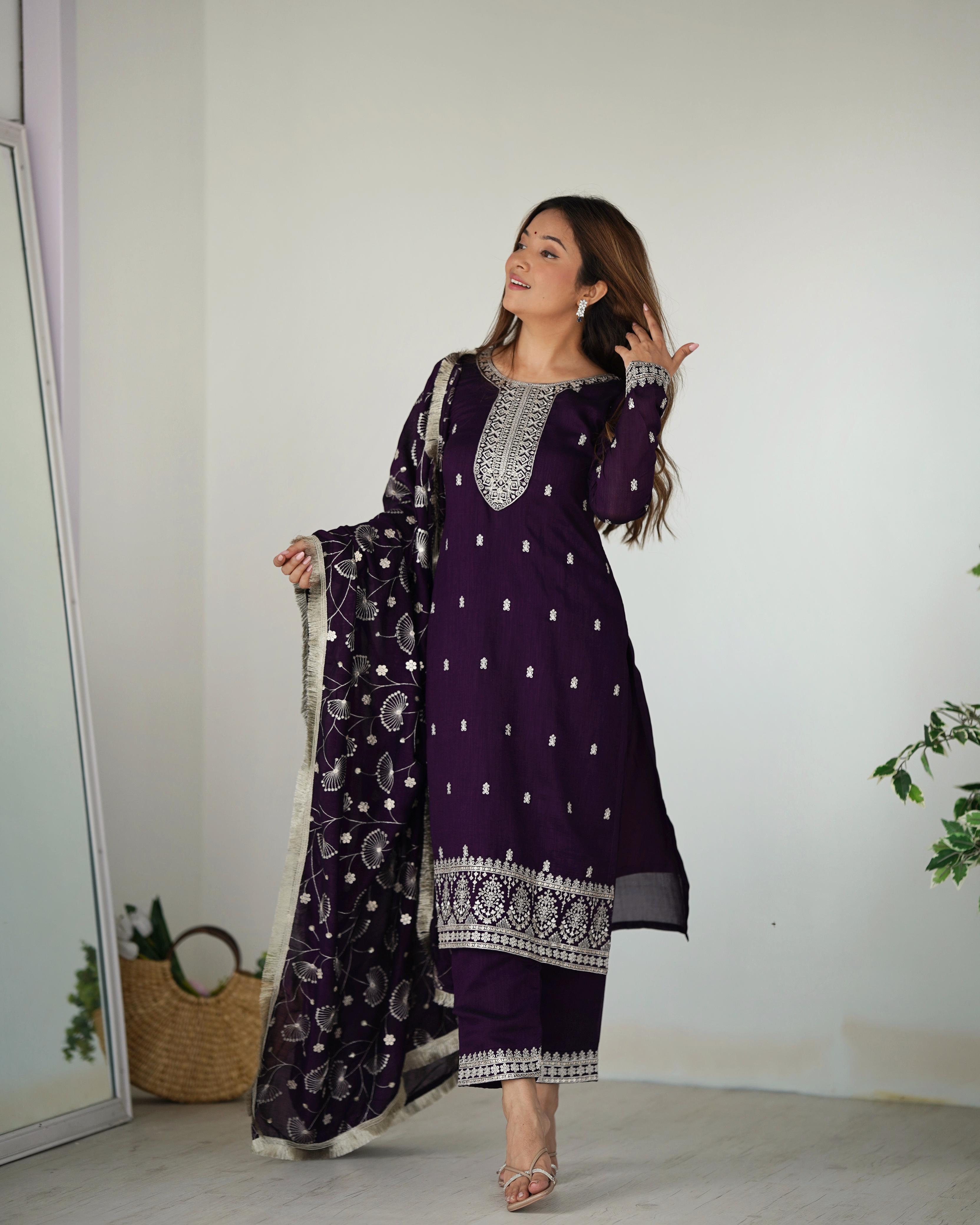 Purple Blooming Rangoli Silk Kurta Suit Set with Dupatta and Pant for Festive Occasions