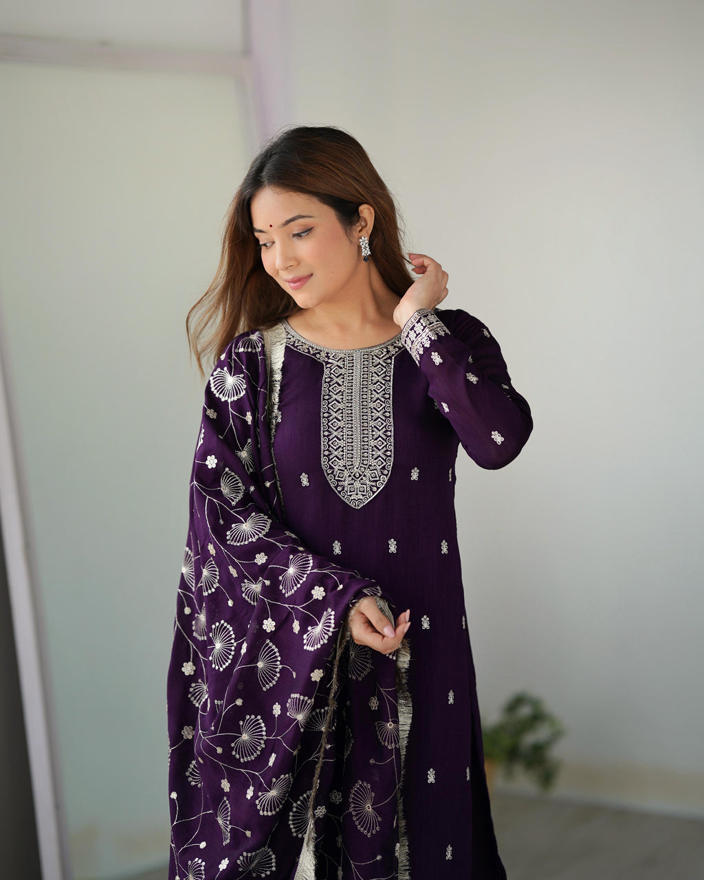 Purple Blooming Rangoli Silk Kurta Suit Set with Dupatta and Pant for Festive Occasions
