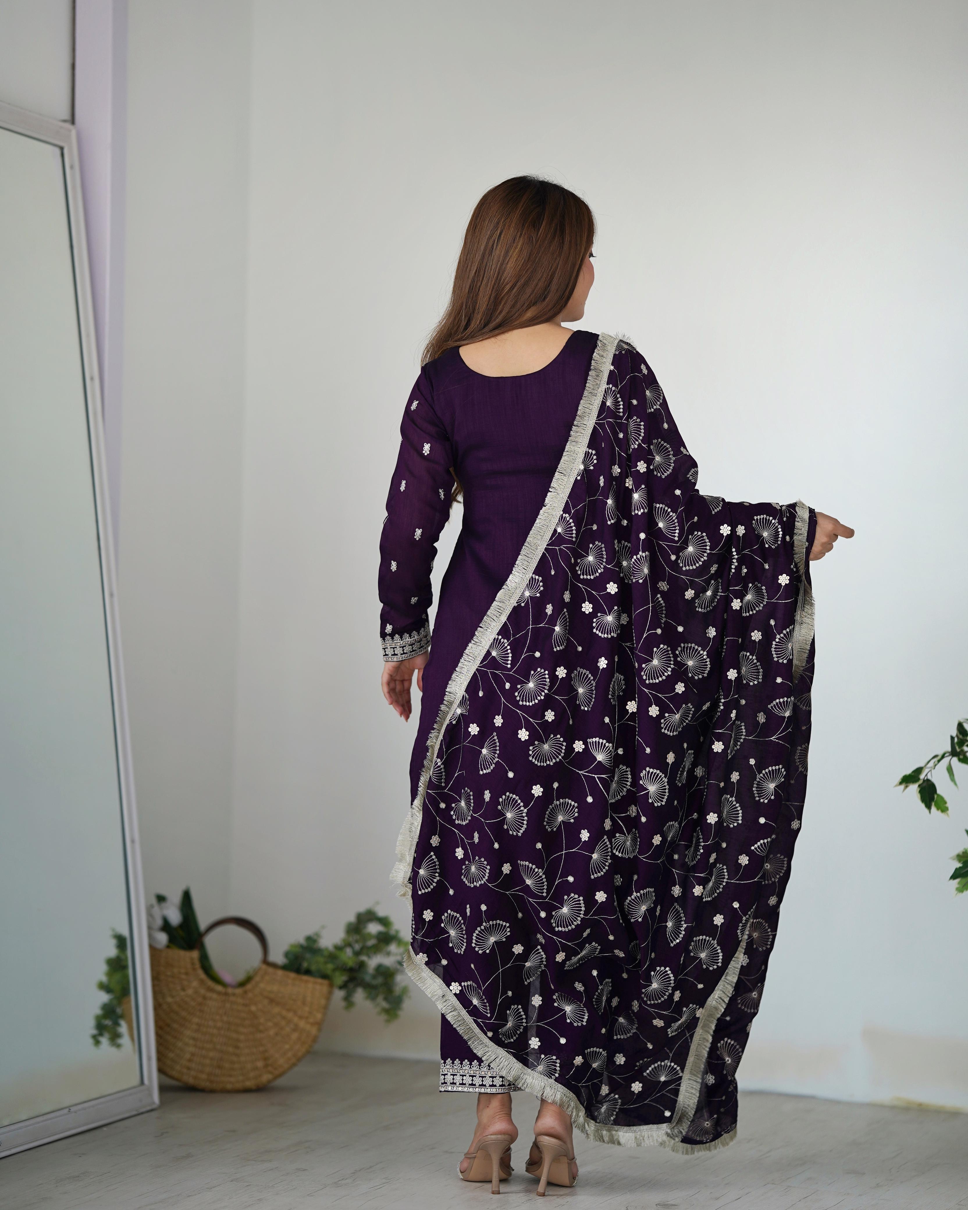 Purple Blooming Rangoli Silk Kurta Suit Set with Dupatta and Pant for Festive Occasions