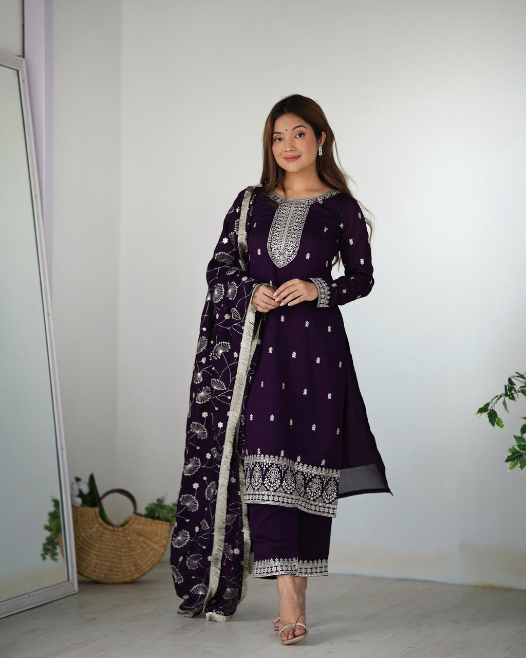 Purple Blooming Rangoli Silk Kurta Suit Set with Dupatta and Pant for Festive Occasions