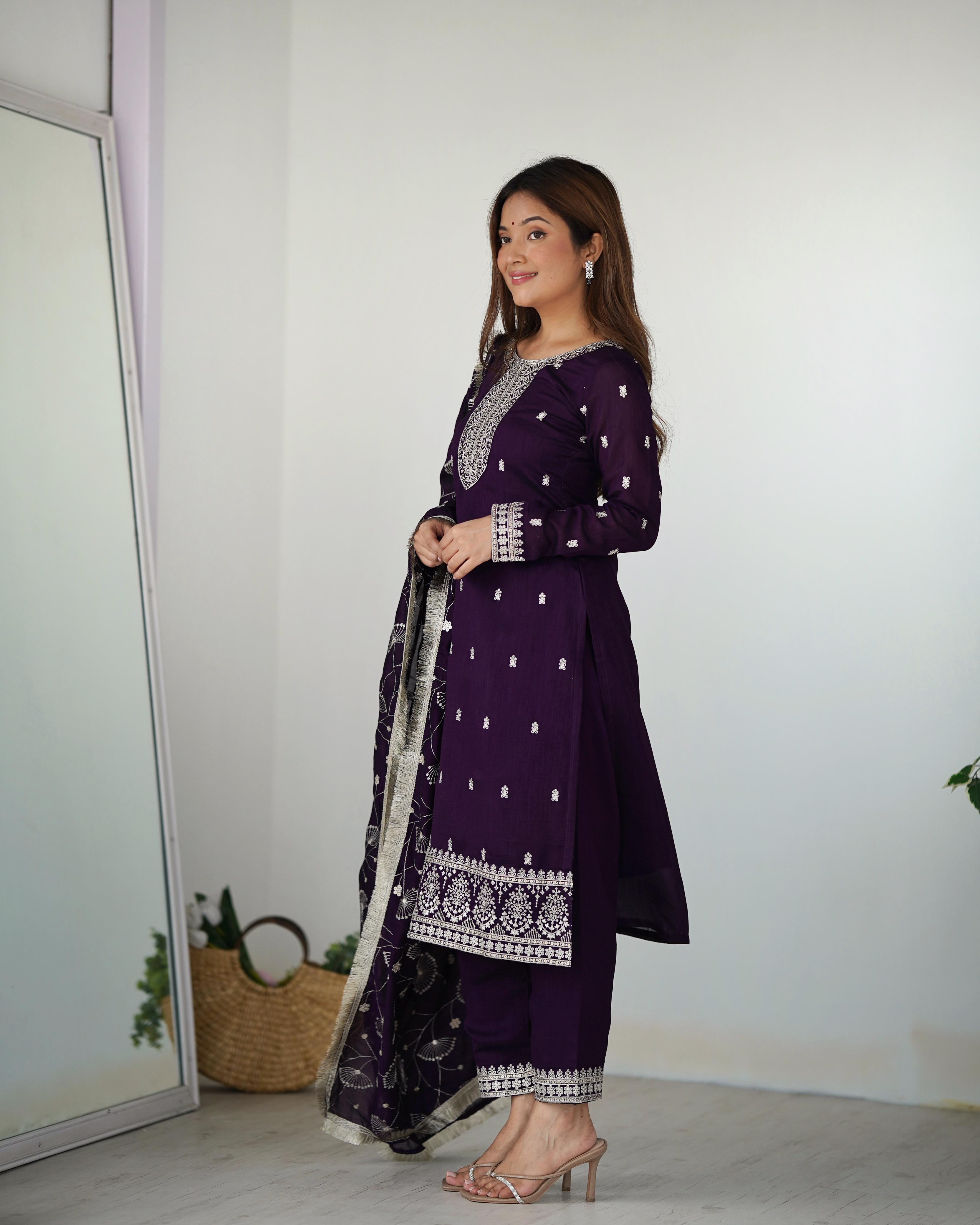Purple Blooming Rangoli Silk Kurta Suit Set with Dupatta and Pant for Festive Occasions