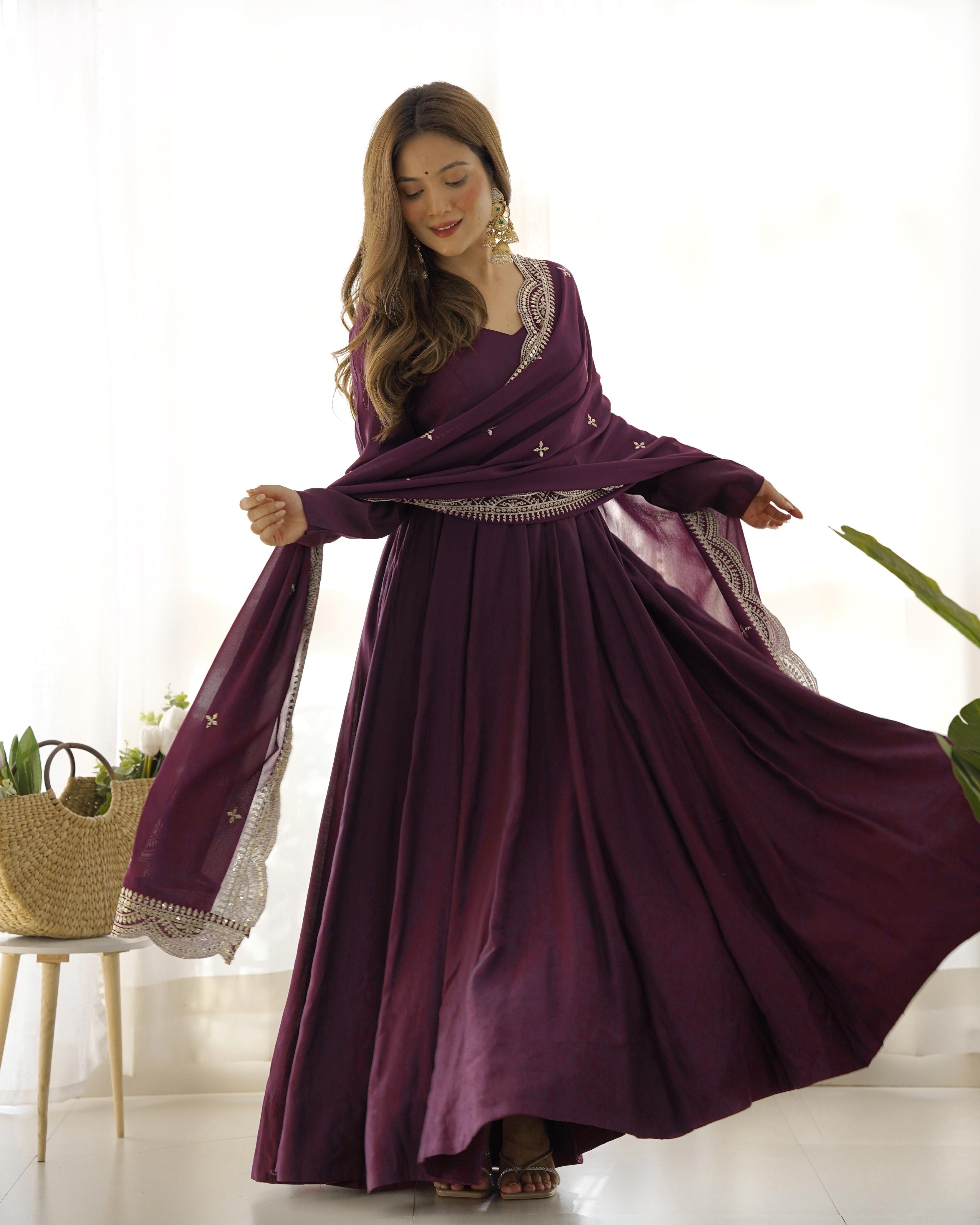 Wine Chanderi Silk Anarkali Suit Set with Huge Flair for Festive Occasions